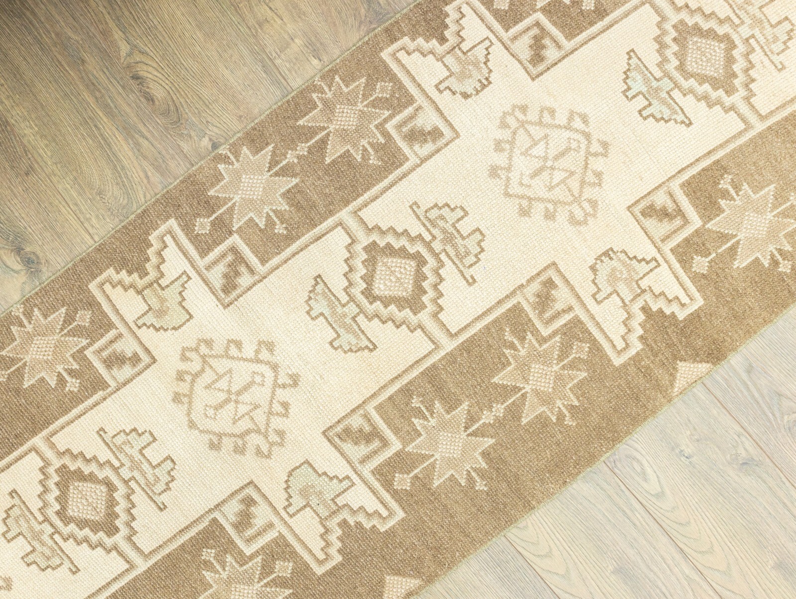 Rustic geometric narrow vintage runner 2.4×9.1 ft Handknotted Turkish Oushak rug