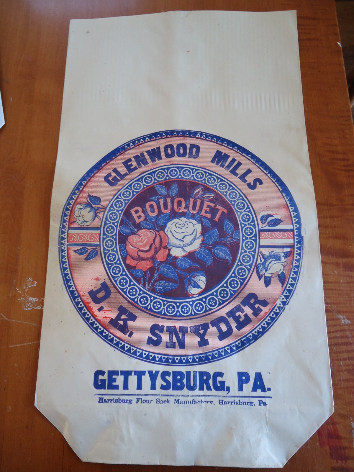 RARE Antique Paper Flour Sack, D.K. Snyder Company Gettysburg, Pa. Civil War era