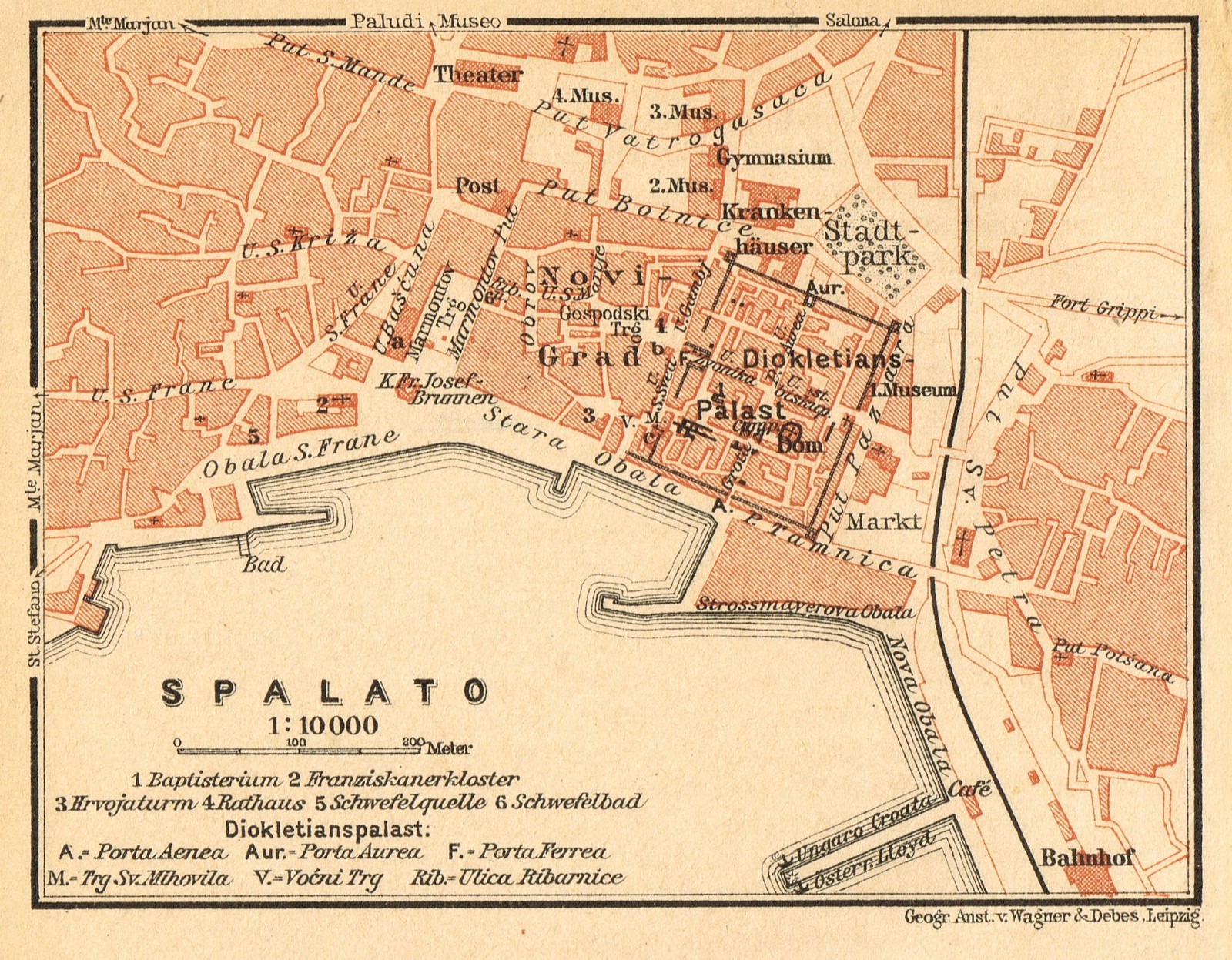 SPLIT Antique map Original map 1911 CROATIA Dalmatia Spalato