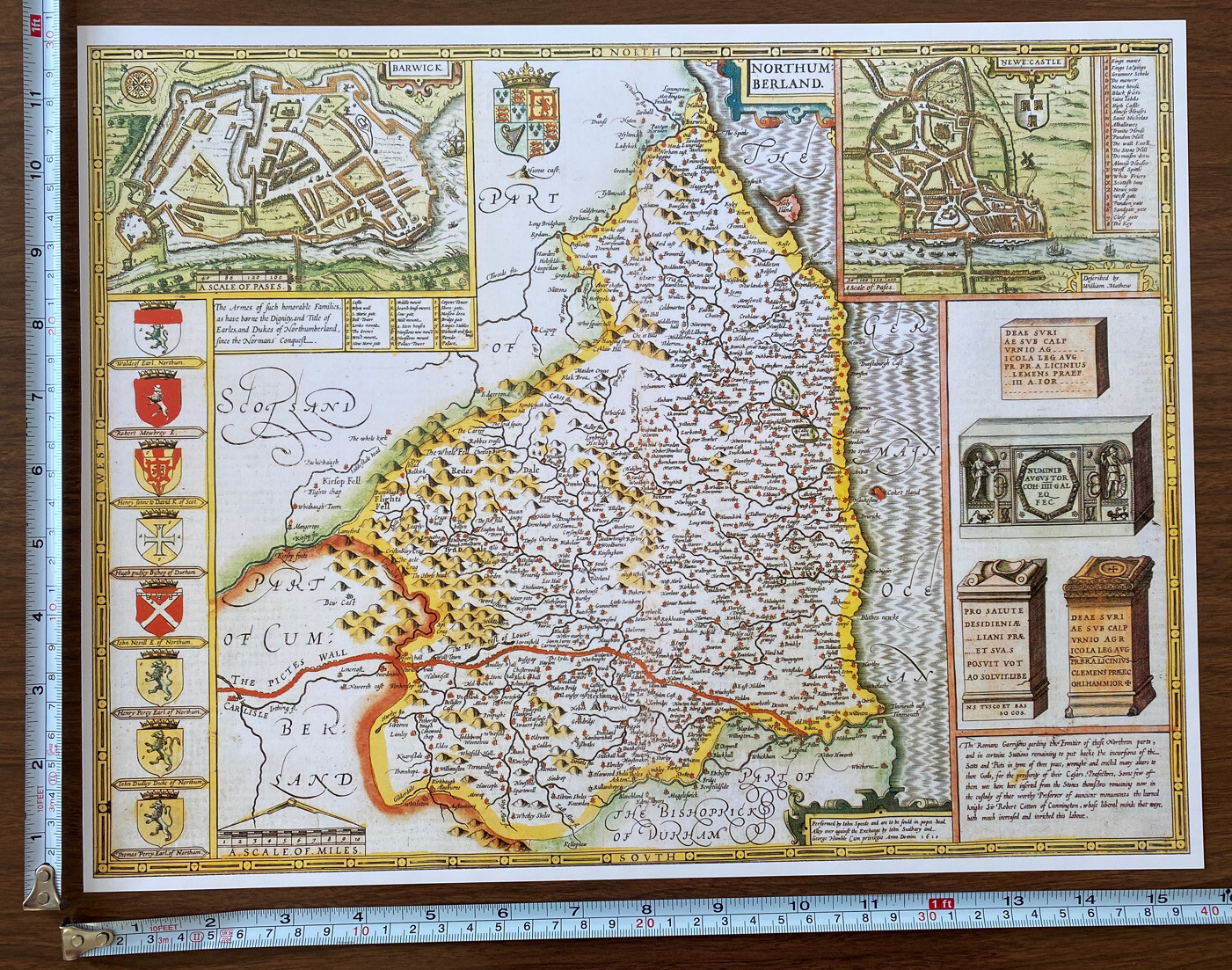 Old Tudor Poster map of Northumberland: Speed 1600’s 15.5″ x 12 Reprint Antique