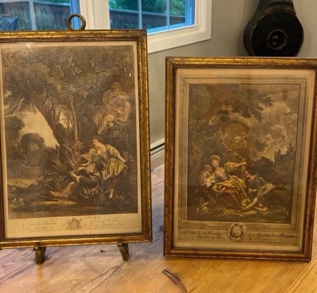2 Antique Hand Colored Engraving La Chasse by Jacques Firmin & La Coquette Fixee