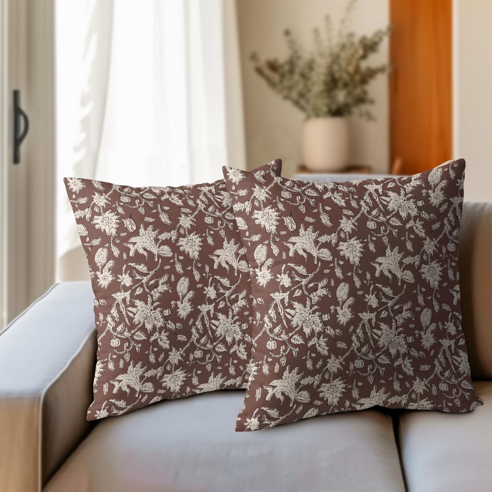 Reddish Brown Floral Block Print Throw Pillow Covers 18×18 Inch Set of 2 Vint…