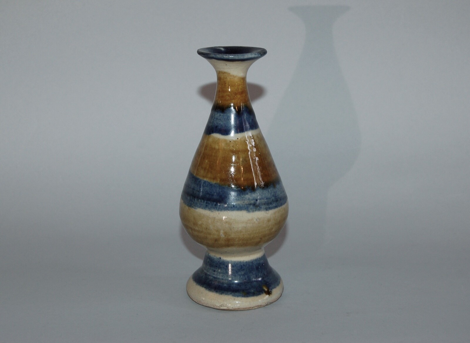 Ceramic flask with cobalt blue and brown bands, Ryukyu Okinawa, antique, Japan