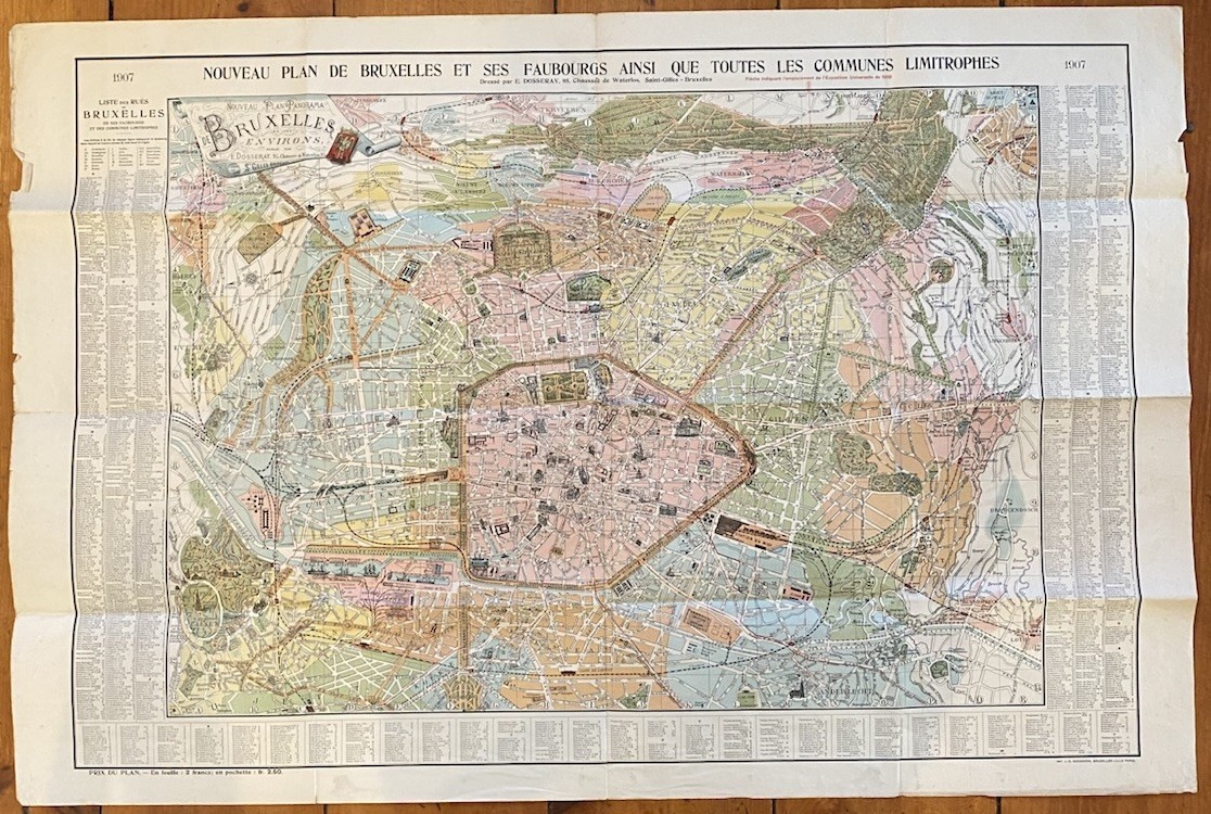 1907 Brussels Belgium Map Large Color City Plan Bruxelles Antique Street Map