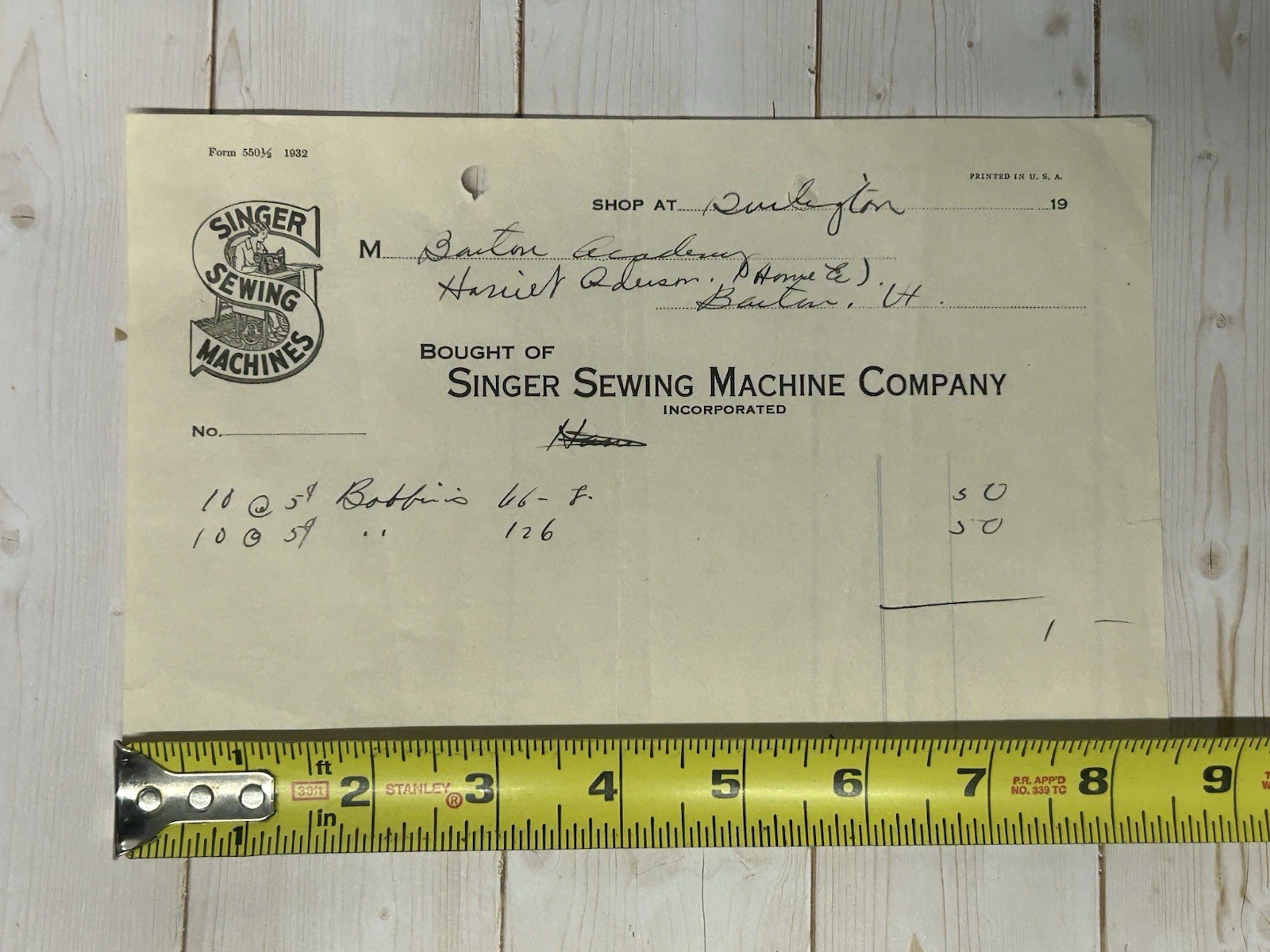 Singer Manufacturing Co Sewing Machine Illustrated Billhead Barton Academy VT