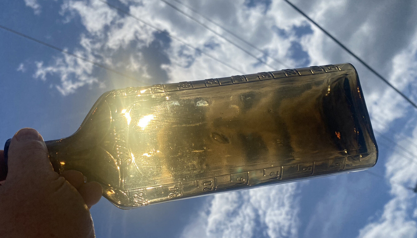 Antique Hand Blown King Oyal Amber grey Glass Bottle Early Unique Old embossed