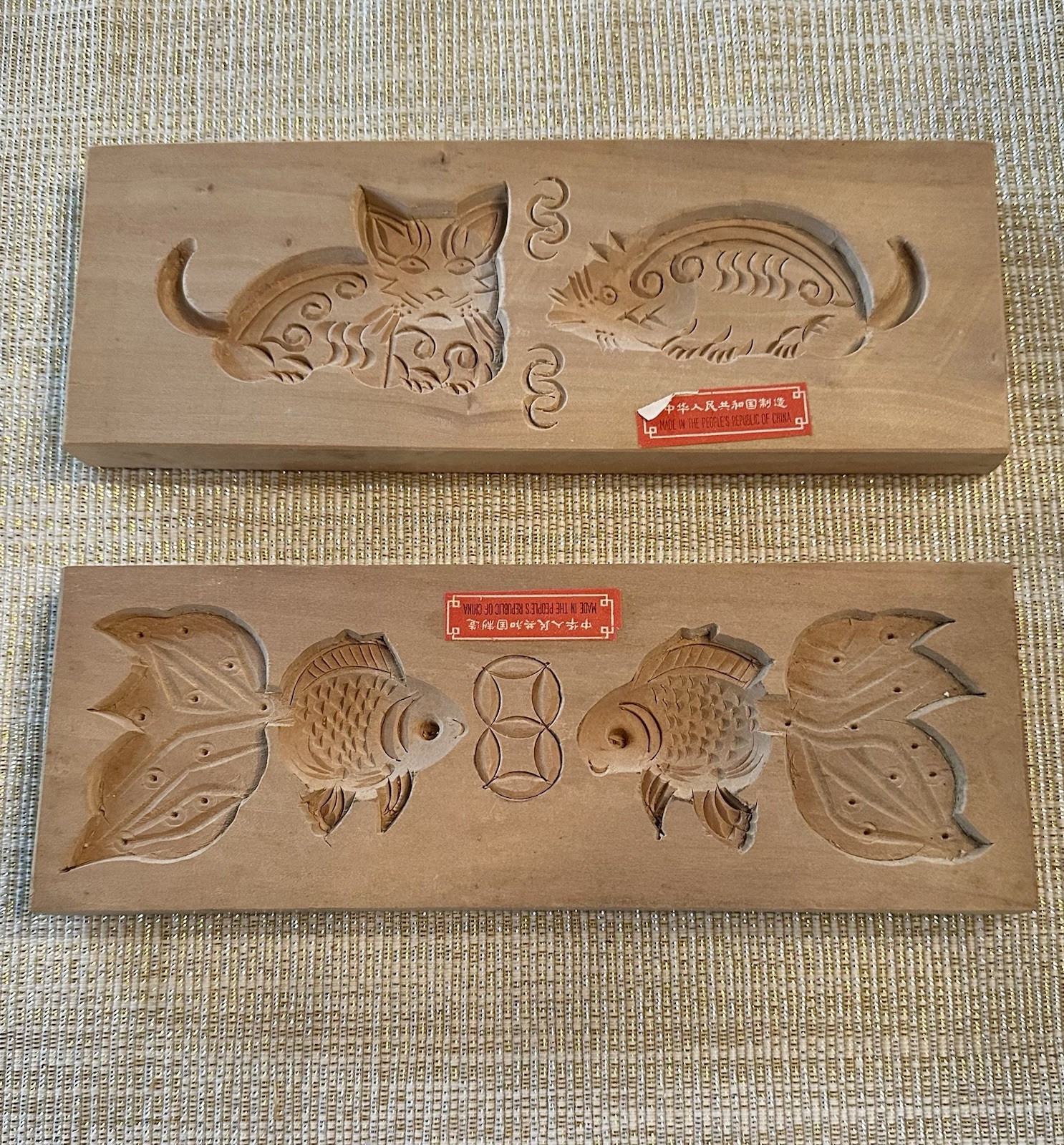 Vintage Hand Carved Wooden Chinese Moon Cake Molds Set Of 2