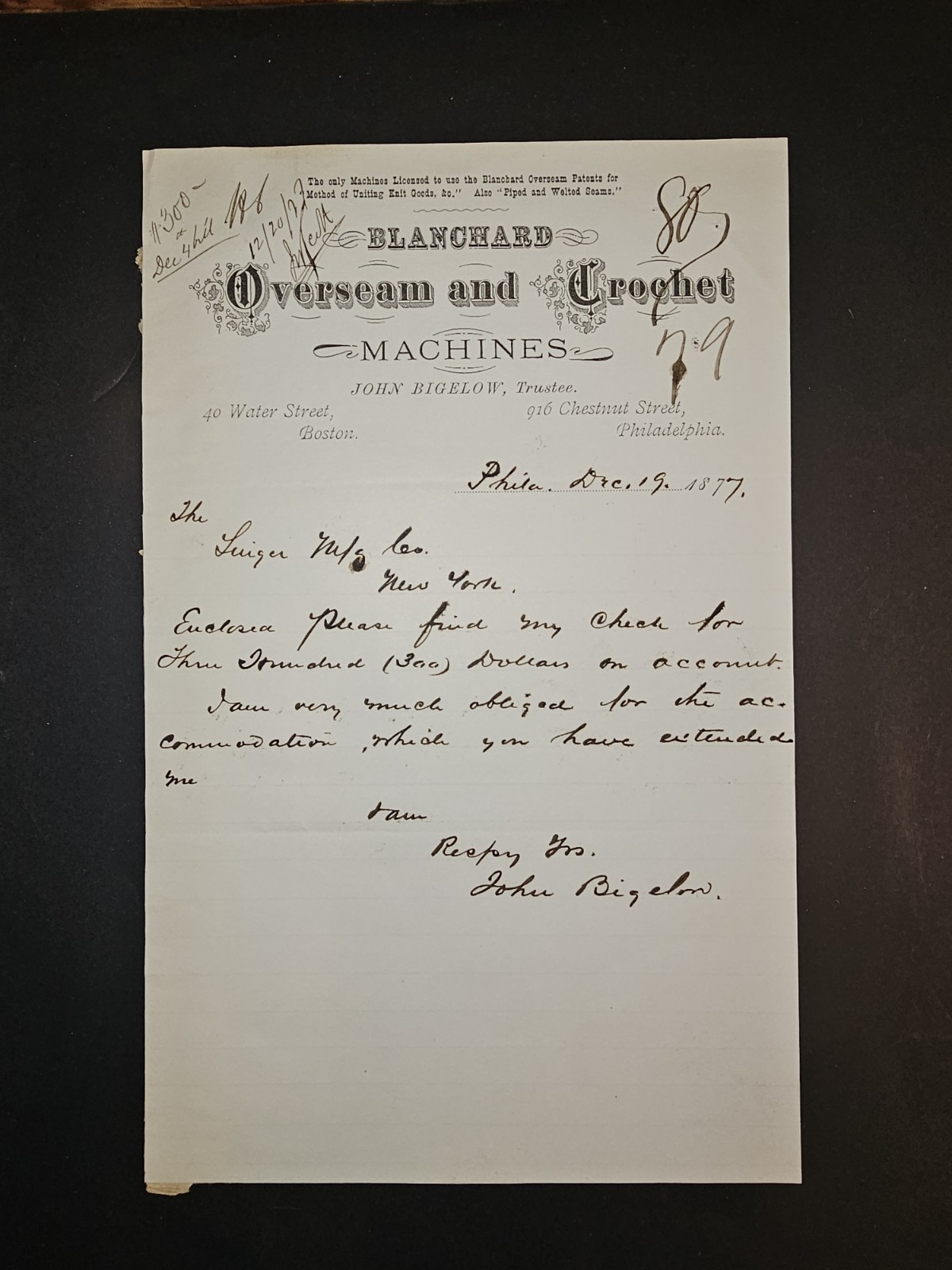 1877 Blanchard Overseam Letter re: Singer Sewing Co – Early Machine Patent Firm