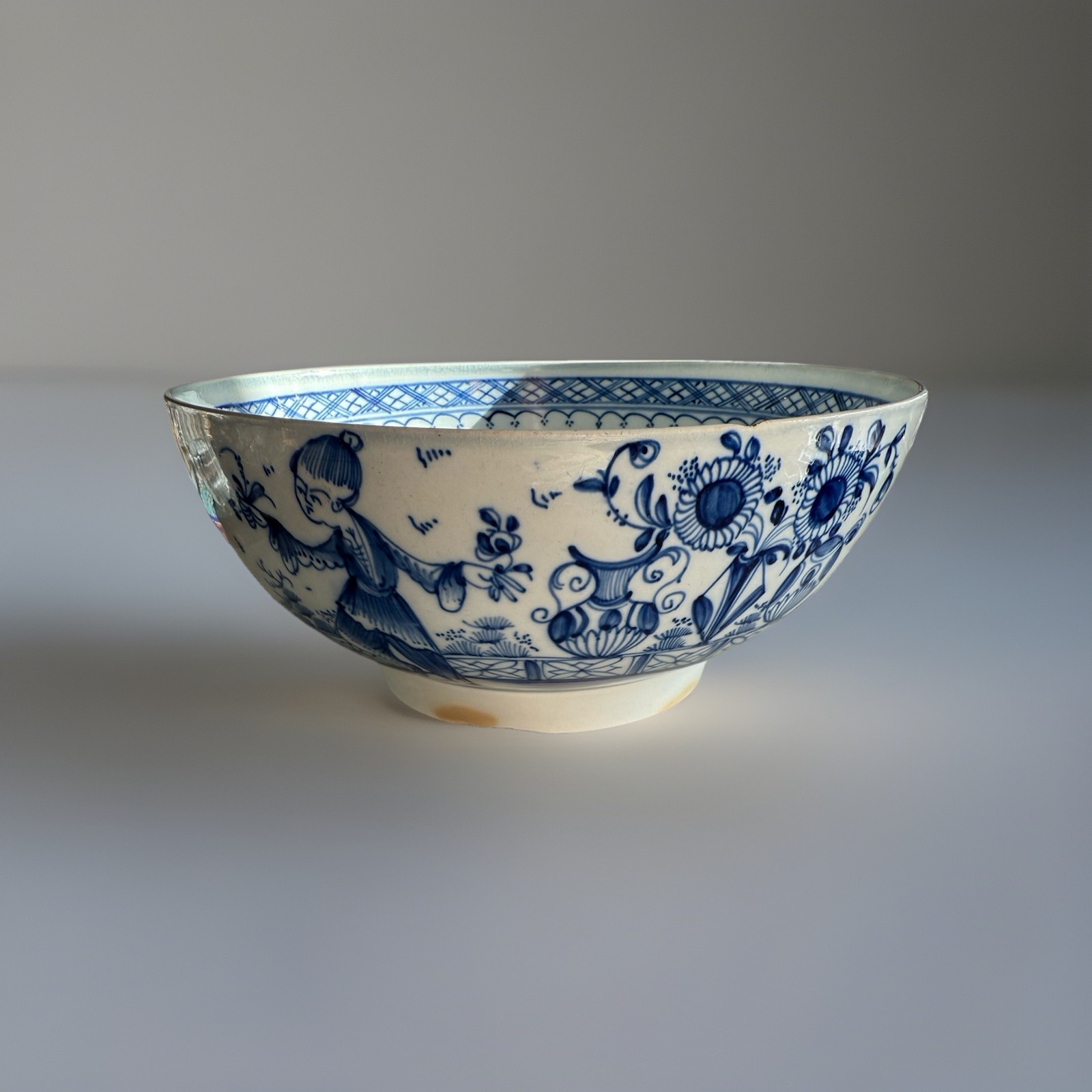 Antique Liverpool Pearlware Chinoiserie Punch Bowl, 9 7/8” C1780