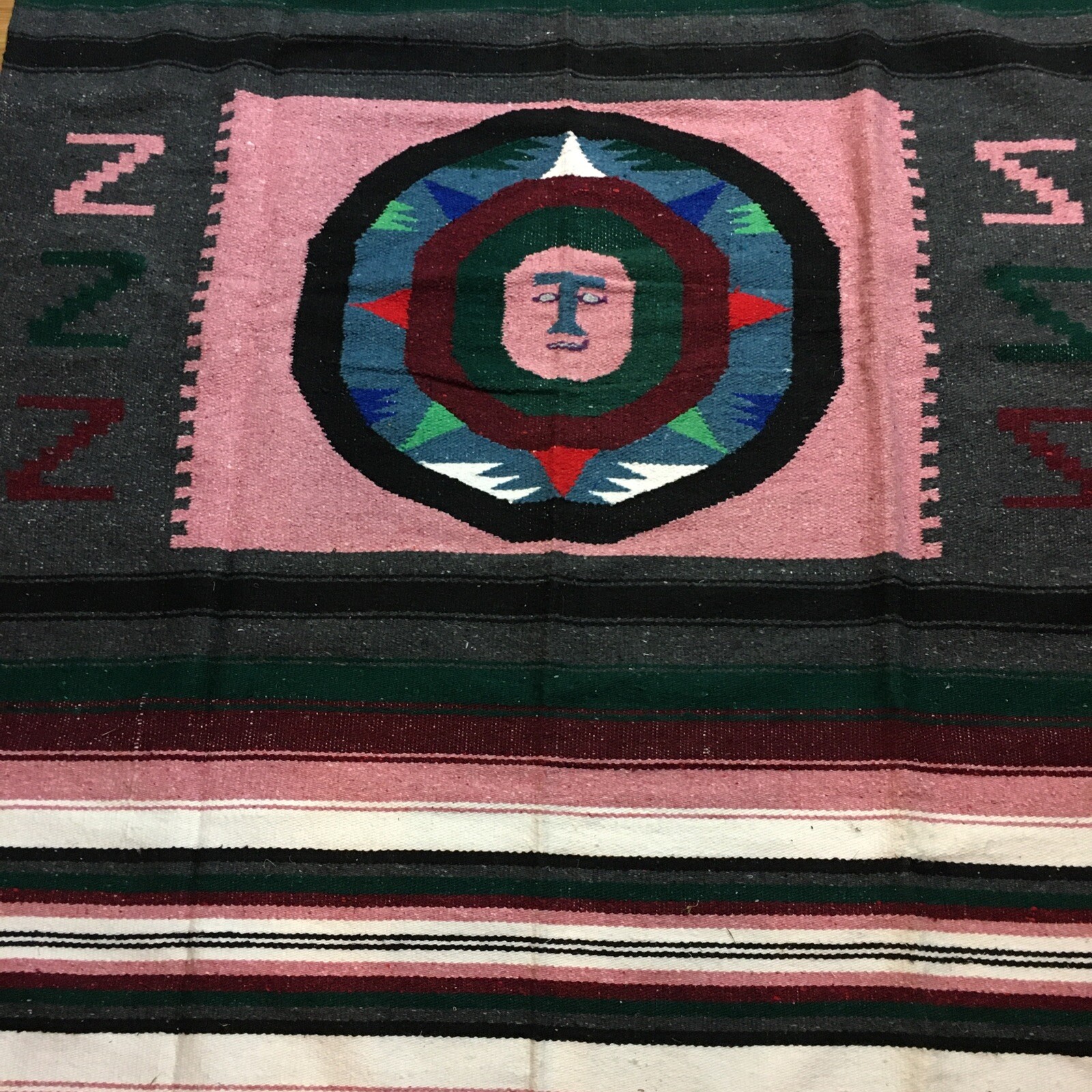 Vintage Handmade Mexican Aztec Pictorial Sun God Multicolor Rug Carpet 78”x 48”