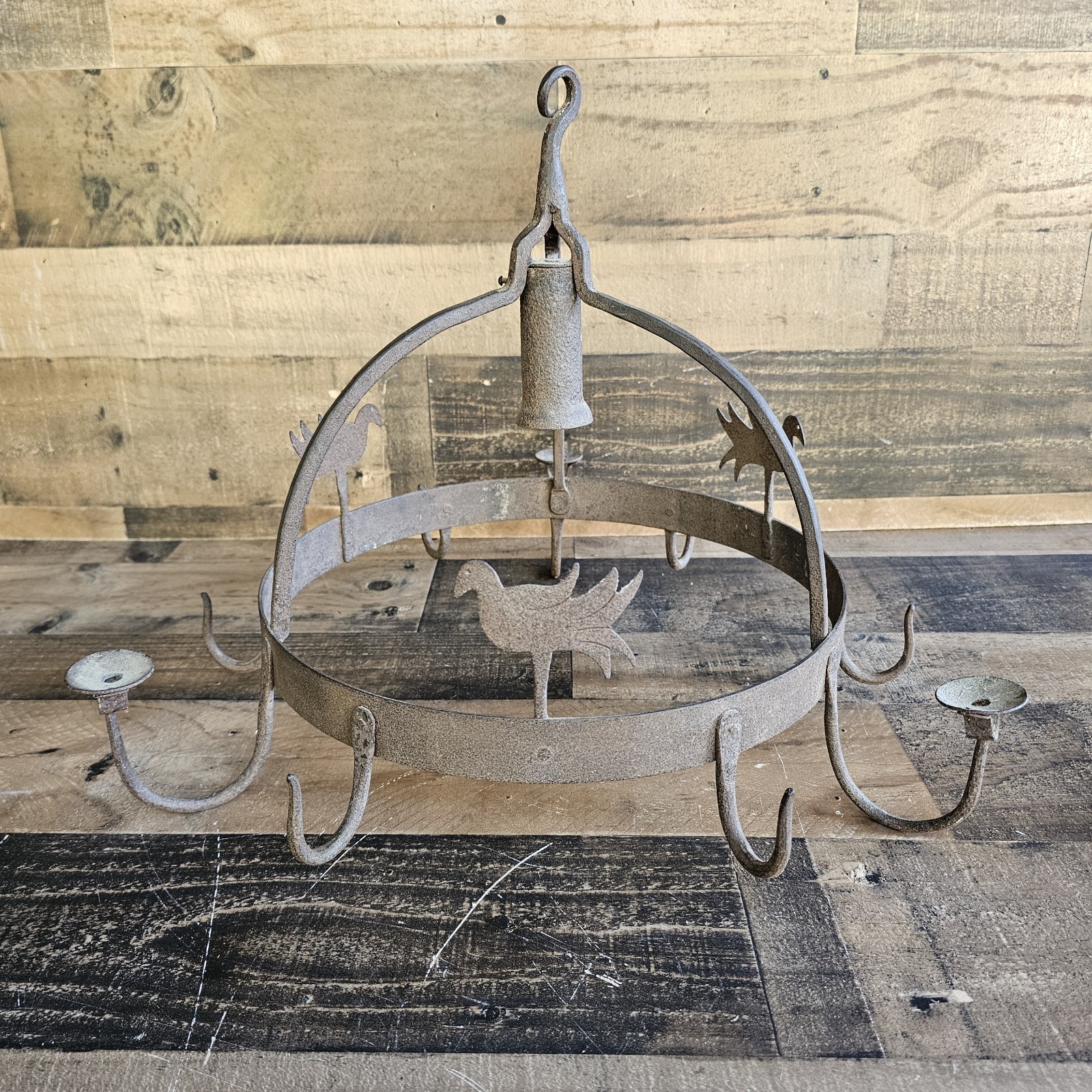 Primitive Wrought Iron Farmhouse Pot Rack Chandelier