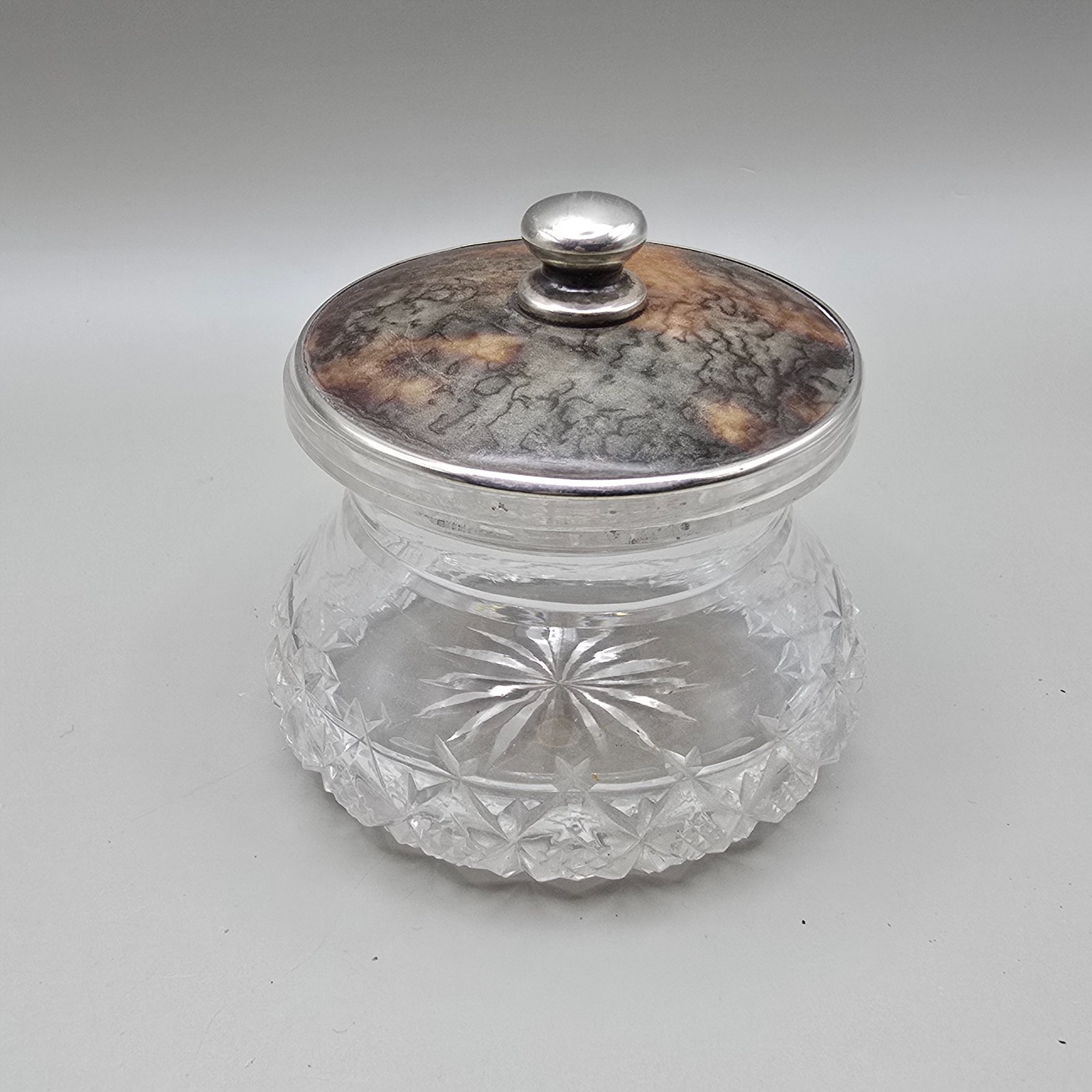 Antique Dressing Table Jar Cut Glass Silver Faux Tortoiseshell Lid GWL & Co 1922