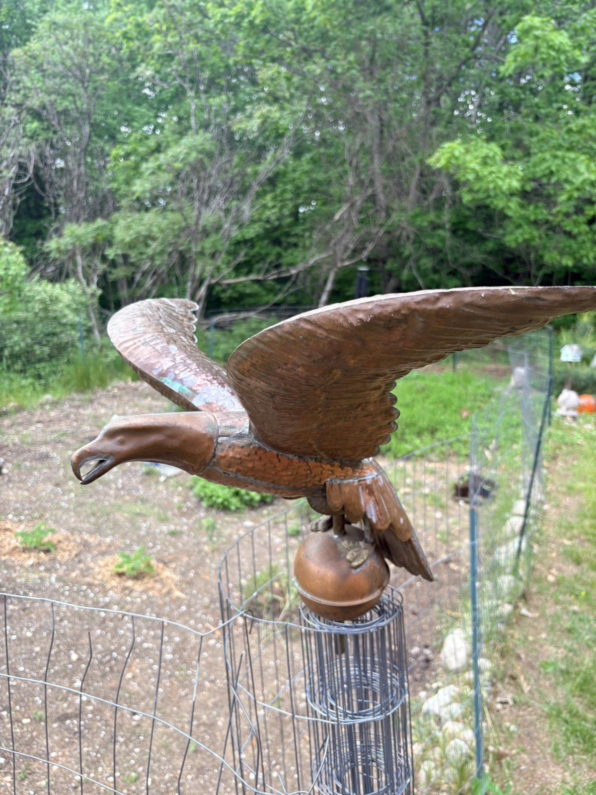 Antique Copper Eagle Weathervane with Orb, Repoussé, ~24” Wingspan, 19th-20th C.