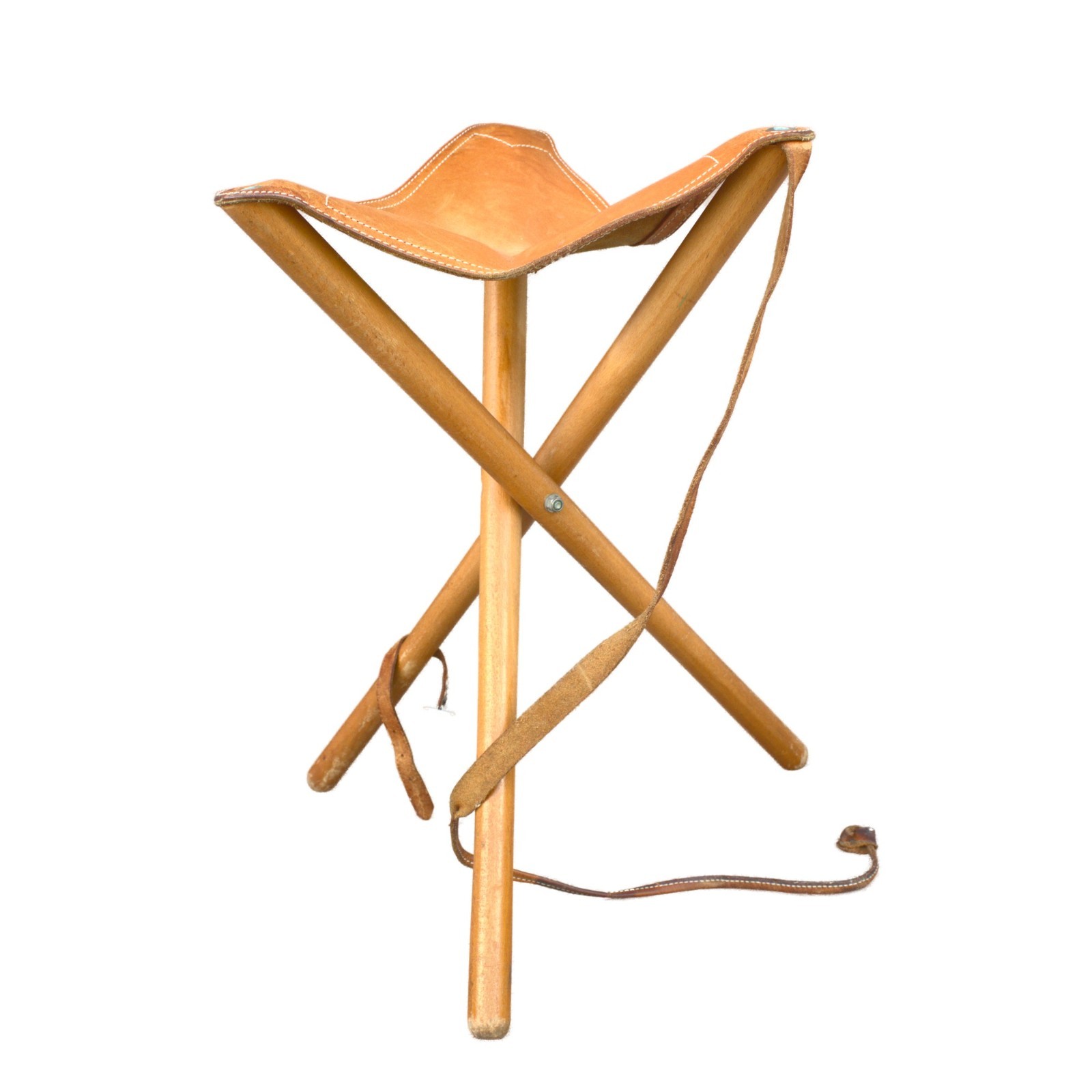 Vintage french leather tripod stool foldable rustic seat with genuine leather sa