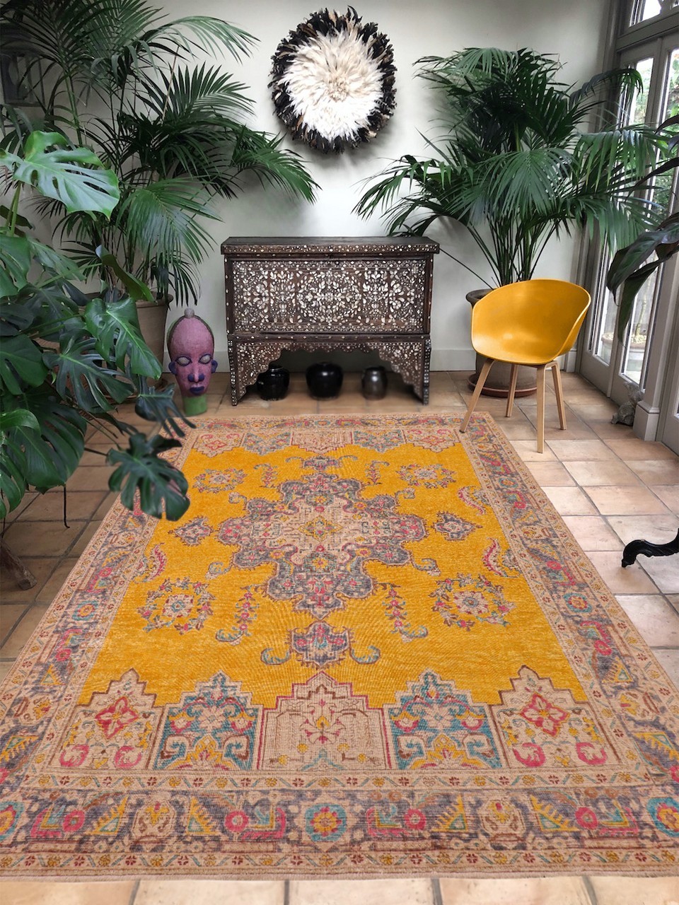 Bold Hand-Knotted Wool Area Rug – Saffron Yellow & Gray Medallion 9’10” x 12’7″