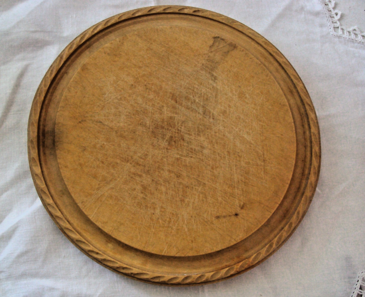 Primitive Round Wood Carved Bread Board Approx. 9.75″