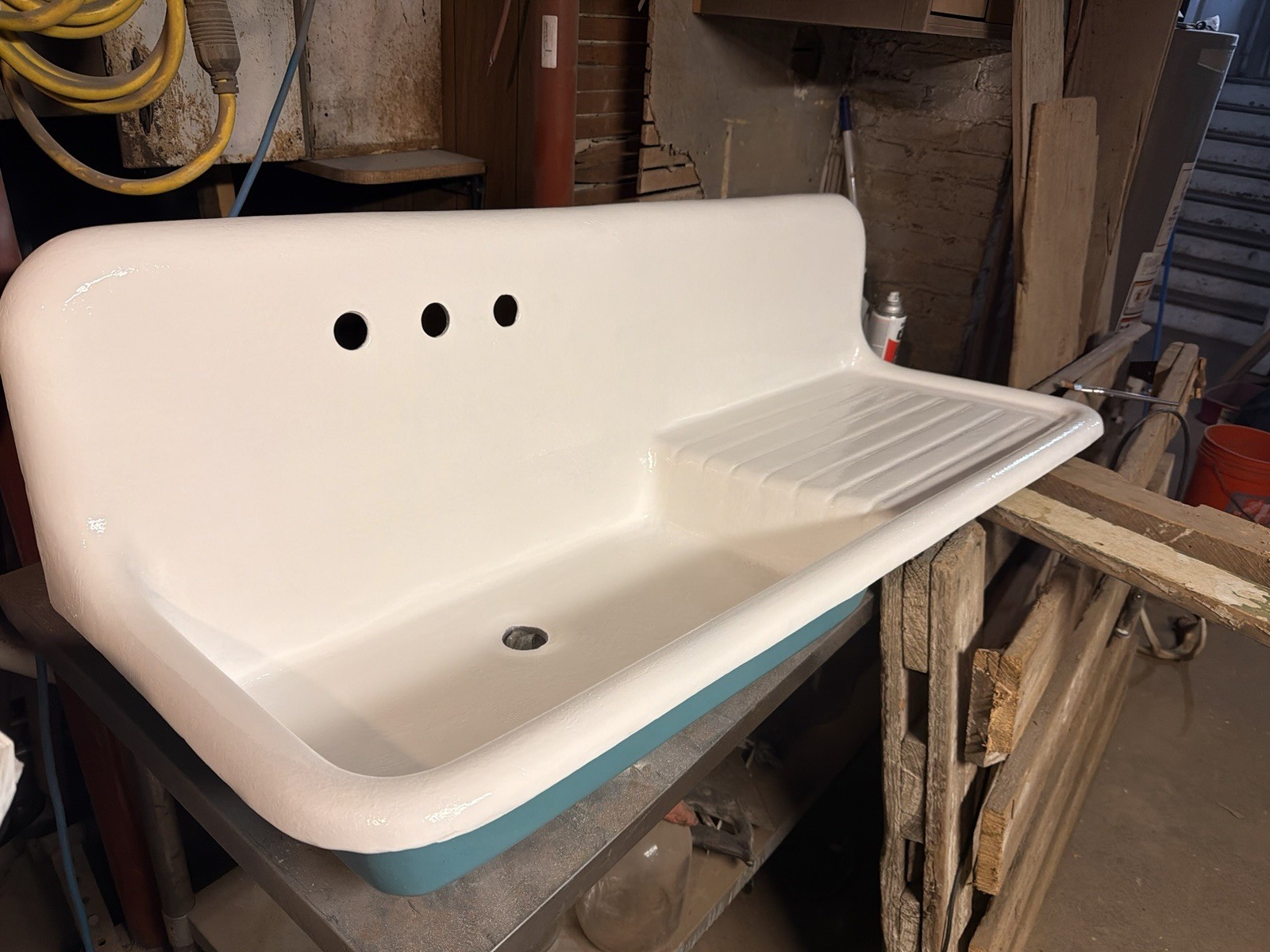 High Back Kitchen Sink Vintage Cast Iron R H Drainboard Refinished