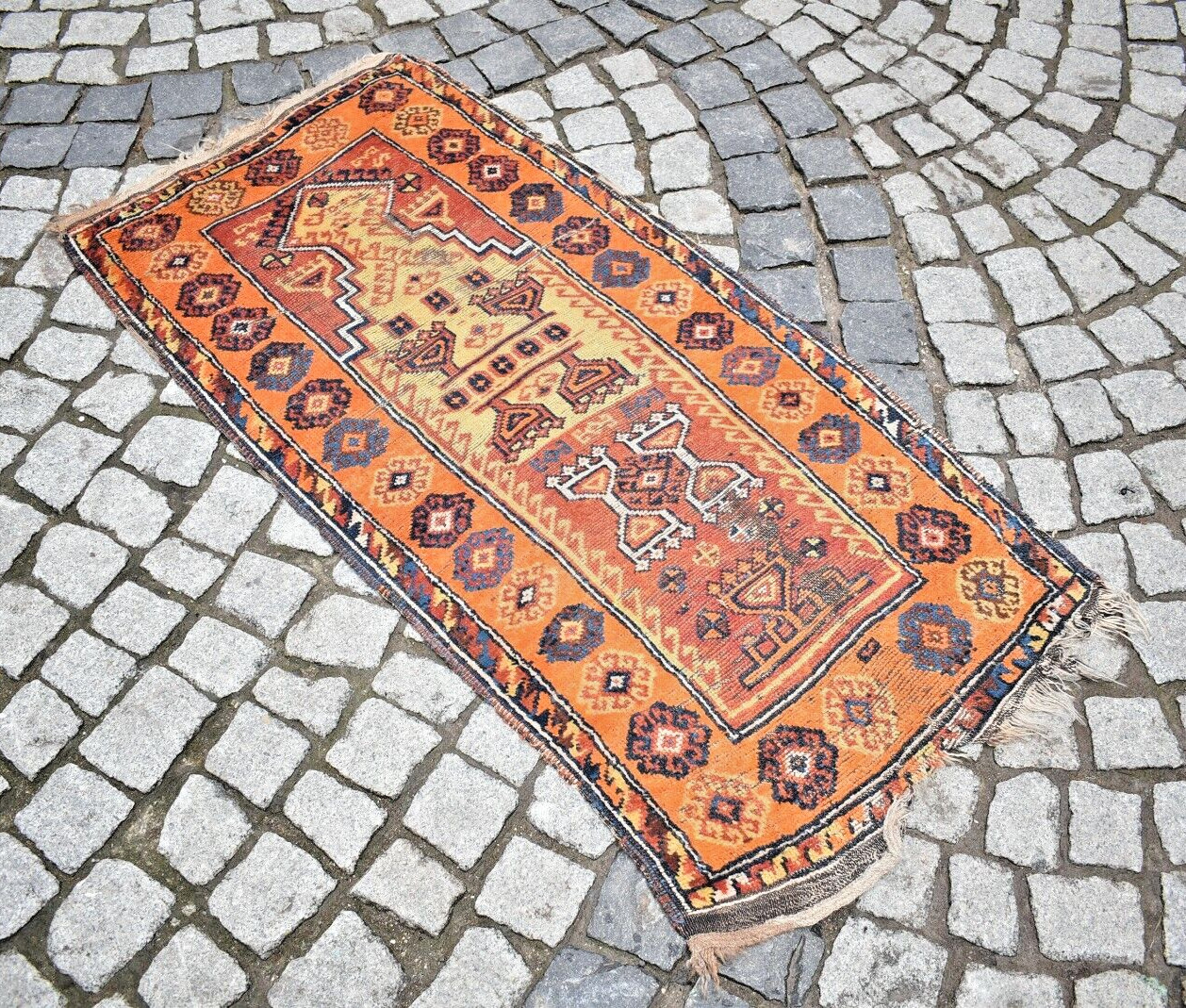 Terrific Antique Turkish Rug Collector’s Piece Distressed Kurdish Worn Carpet