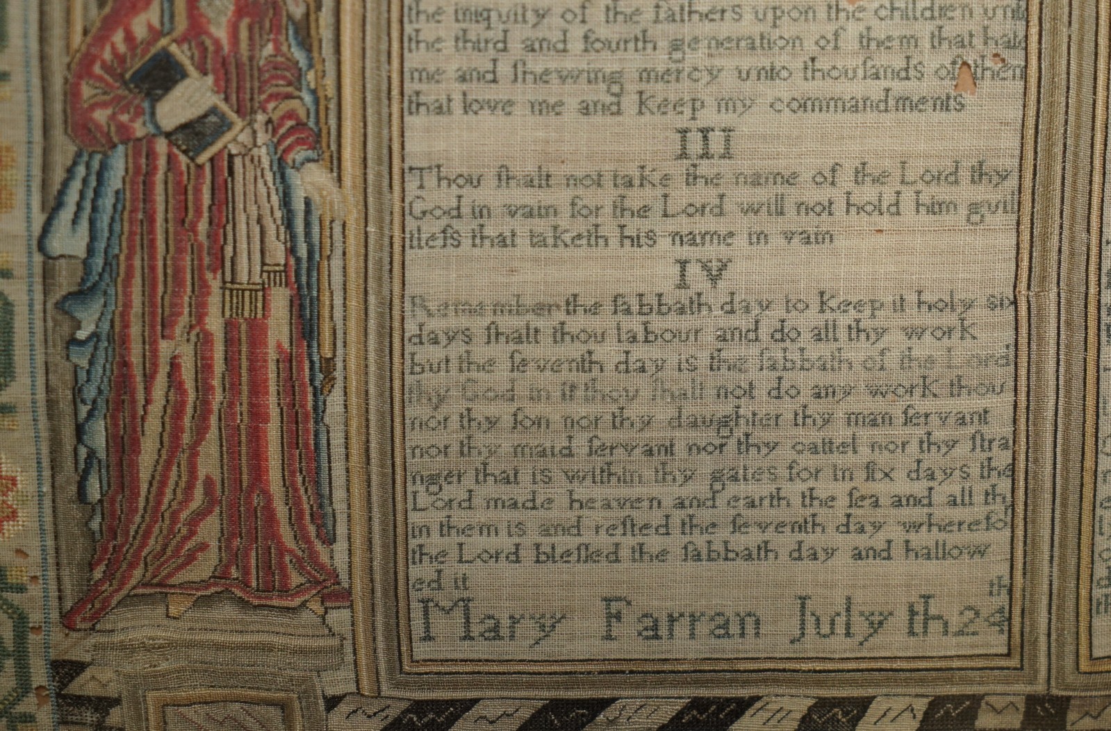 IMPORTANT ANTIQUE 10 COMMANDMENTS GEORGE I 1727 NEEDLEWORK SAMPLER MARY FARRAN