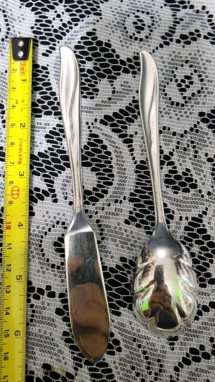 MID-CENTURY c1956 SEA WINGS🪽SILVERPLATED MASTER BUTTER KNIFE & SUGAR SPOON🧈🍚