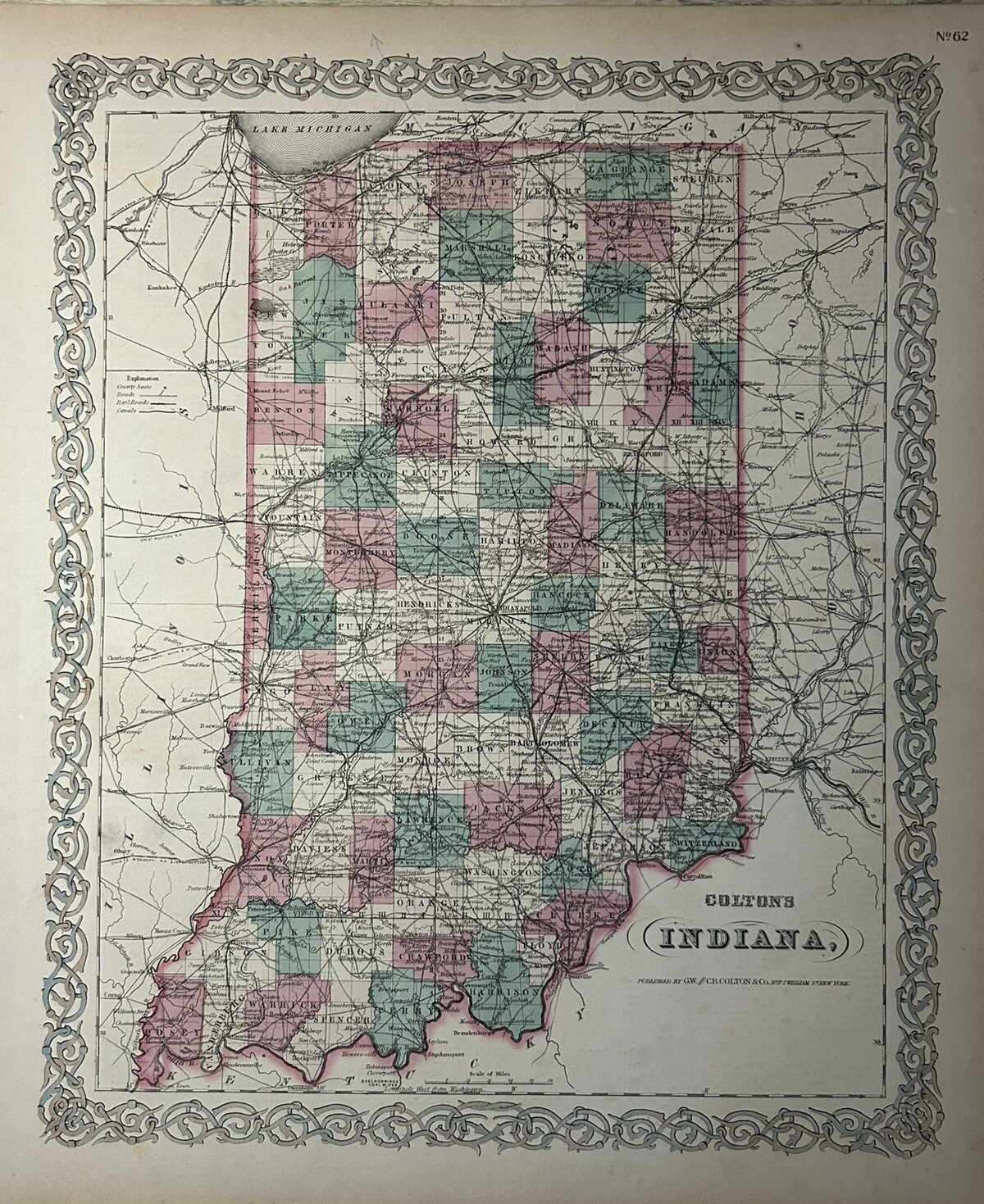 1870 Colton’s Indiana Original Hand Coloured Antique Map 17″ x 14″
