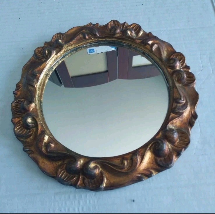 Vintage Florentine Baroque Ornate Gold Small Round Wall Mirror Made In Italy