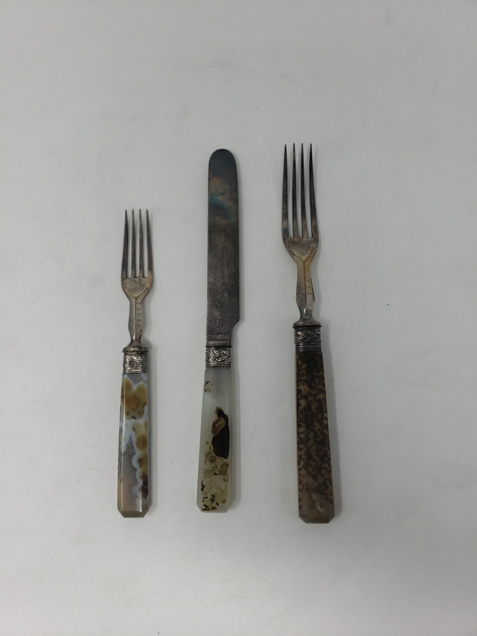Antique German Agate Serving Forks & knife 1870 Hallmarked 3 piece Brown