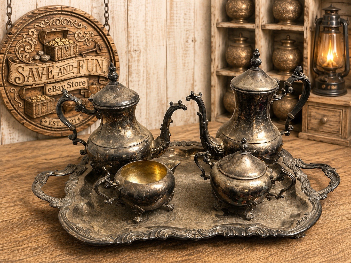 Vintage Antique Ornate Silverplate Coffee Tea Pot Set Plater FB ROGERS SILVER