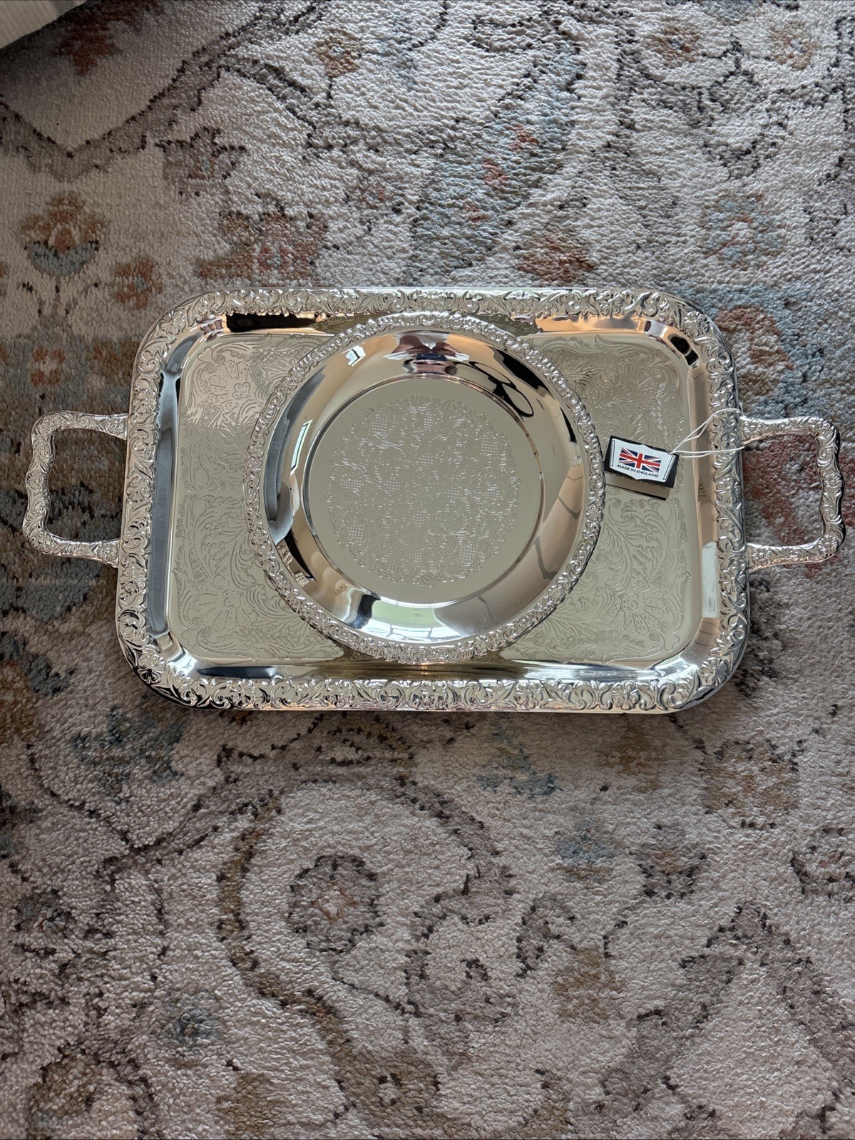Queen Anne Silver Plate Tray Set England Ornate Serving Platter Vintage