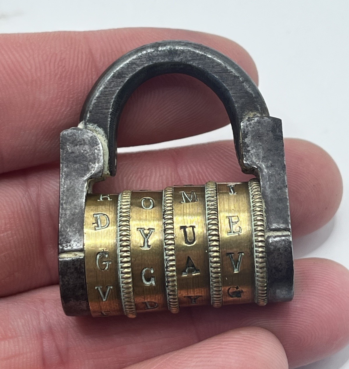 ANTIQUE COMBINATION 4 WHEELS, LETTER, DIAL, WORD PADLOCK, BRASS AND IRON.