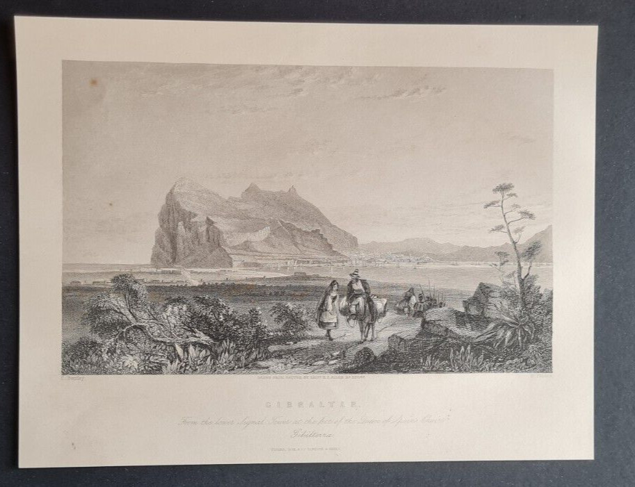 Antique (c 1851) print – Gibraltar from Signal Tower – C. Bentley