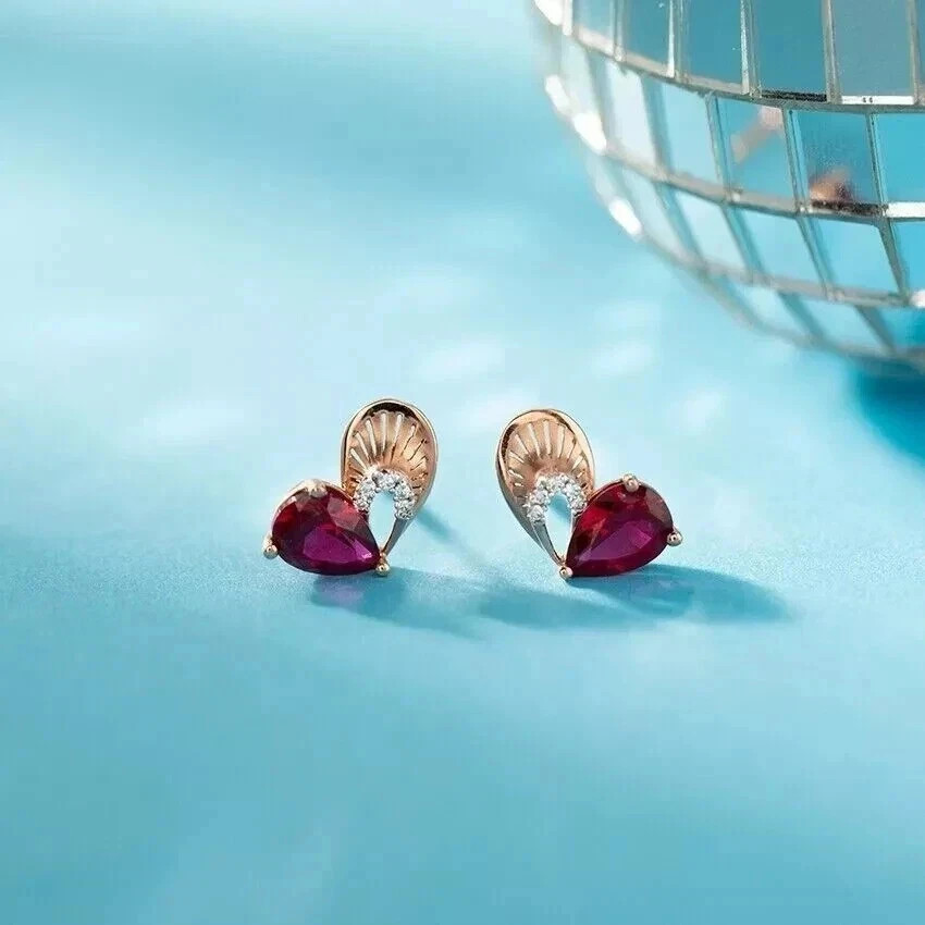 2Ct Pear Cut Lab Created Pink Sapphire Heart Stud Earrings 14k Rose Gold Plated