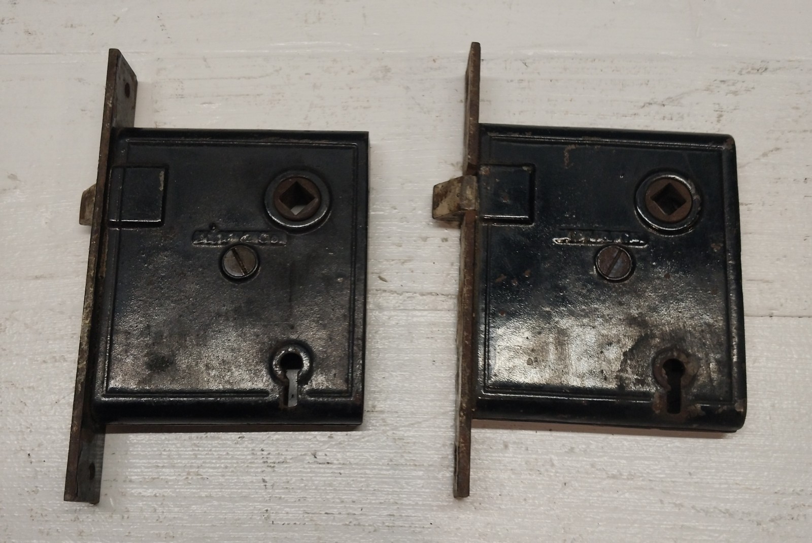 Antique Set of 2 M.W. & Company Cast Iron Rim Door Locks 3″x3.75″ Mortise Design