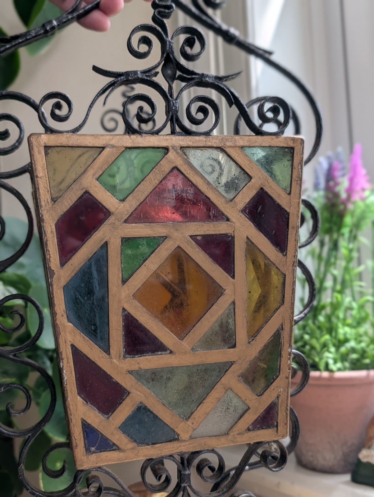 Antique Wrought Iron Lantern Stained Glass Hanging Light Lamp Porch Ornate