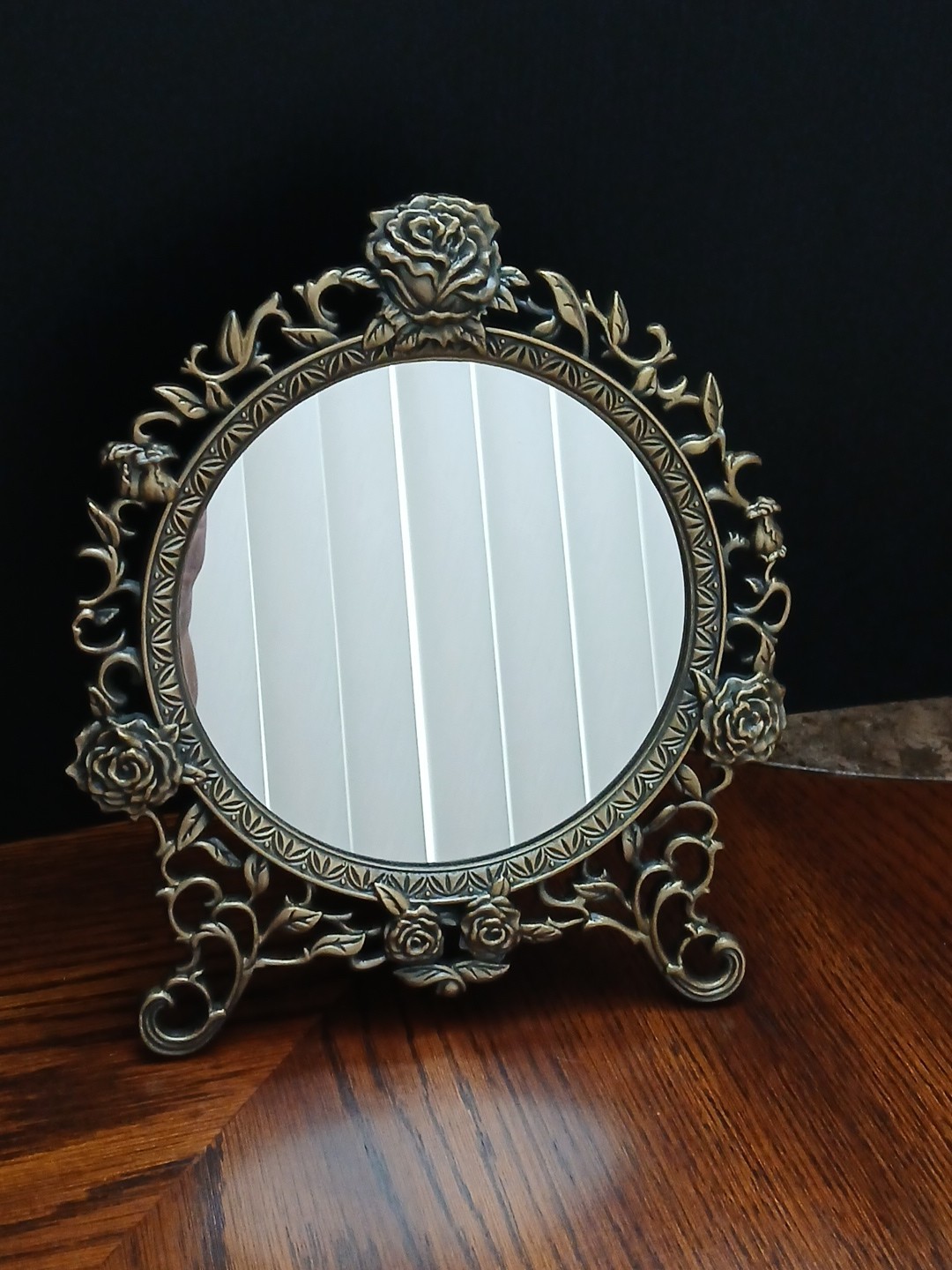 Vintage Brass Plated Tabletop Vanity Mirror By Andrea Sadek- R.O.C Rose Floral