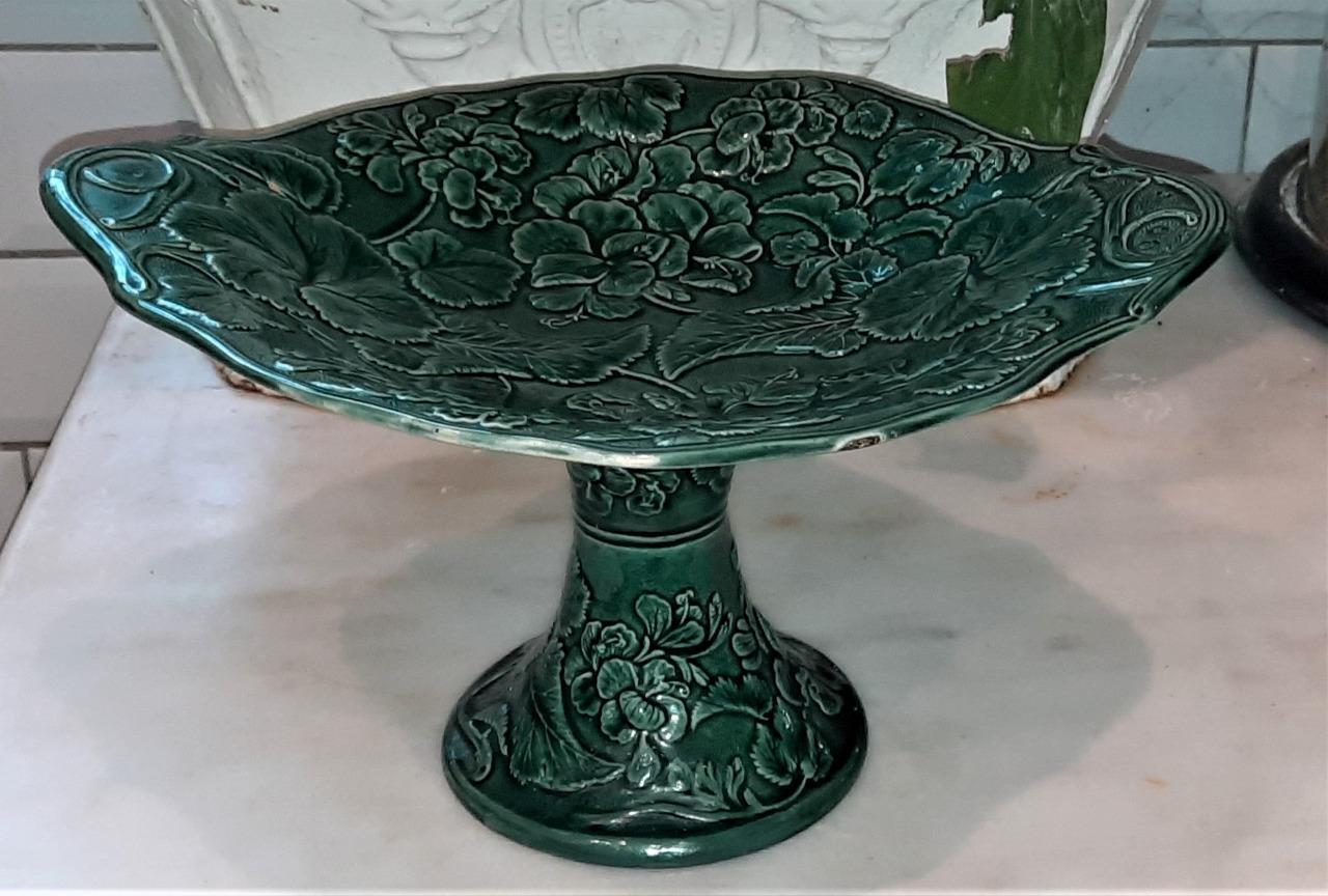 Superb Antique Green Majolica Comport with Pelagonians by Hope & Carter C 1862+