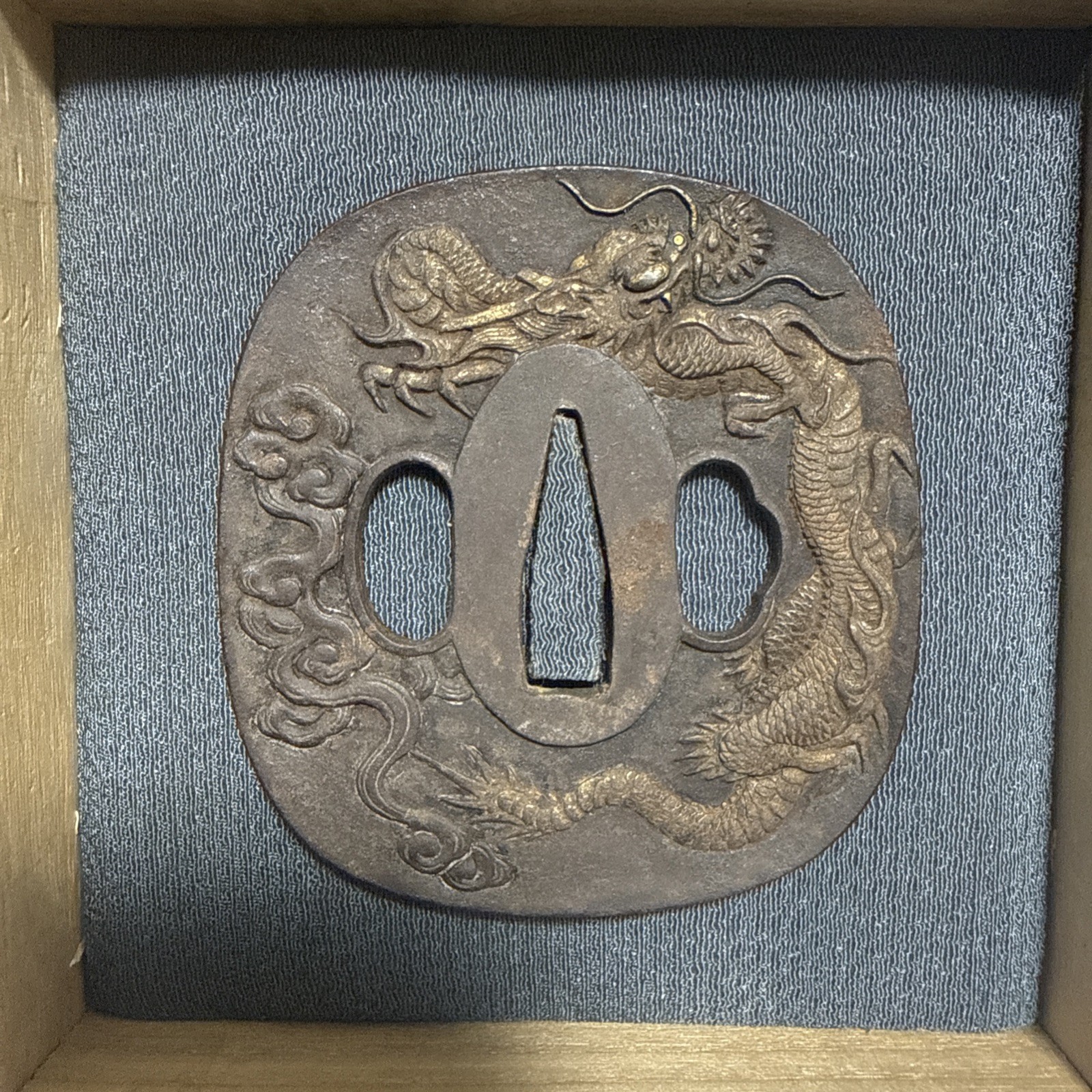 Antique Japanese Iron Tsuba – Dragon with Clouds, Waves on Reverse