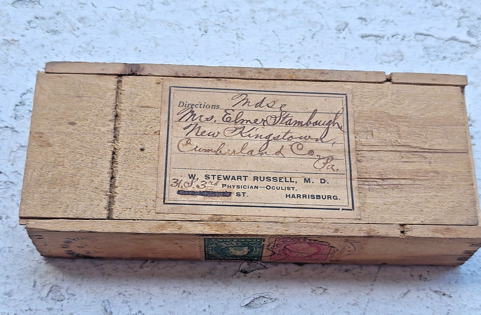 Antique Dr Stewart Russell Harrisburg PA Wooden Mailing Box W/ Stamps