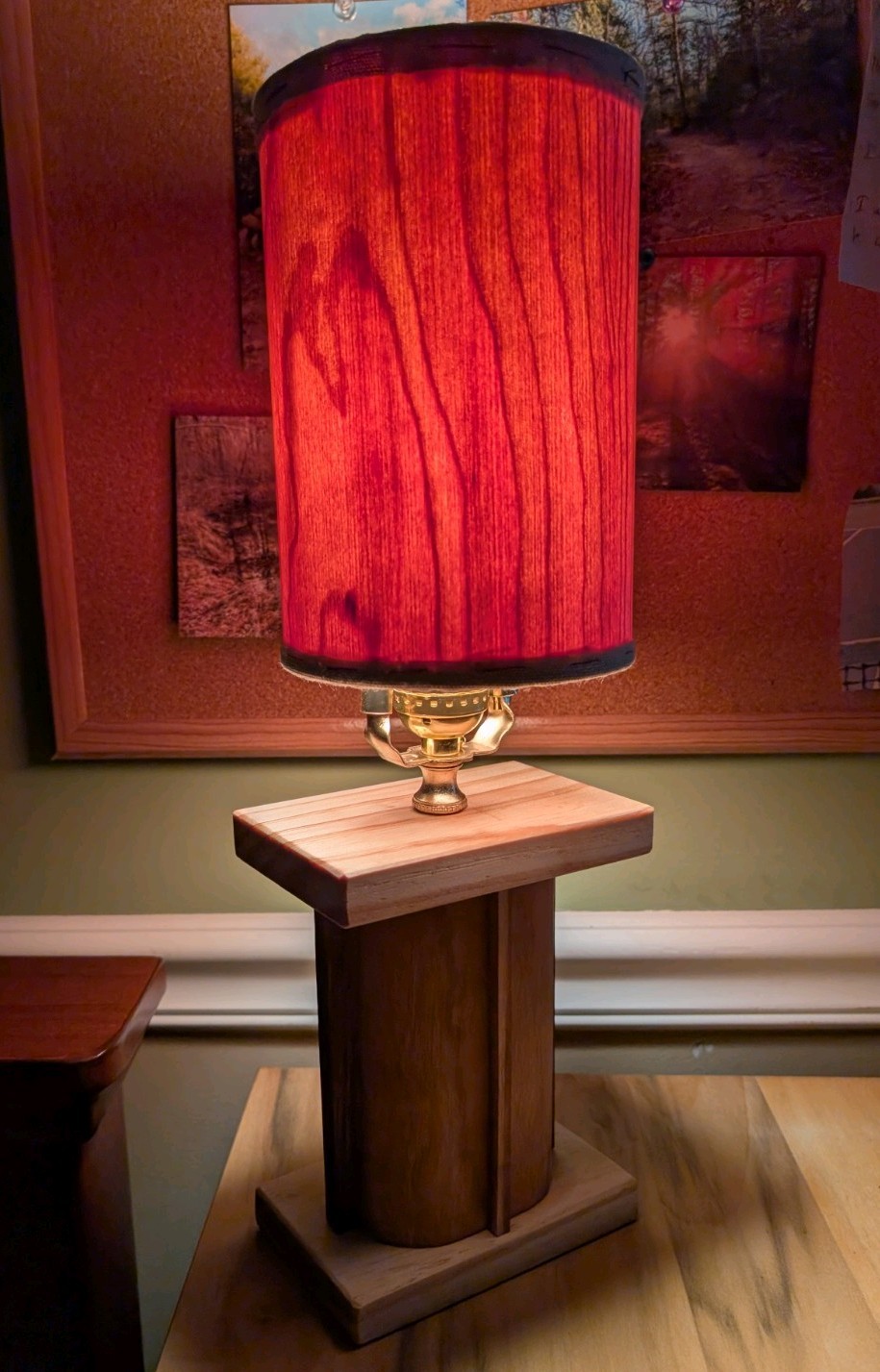 Handcrafted Cherry, Walnut, And Pine Wood Lamp With Cherry Veneered Lampshade