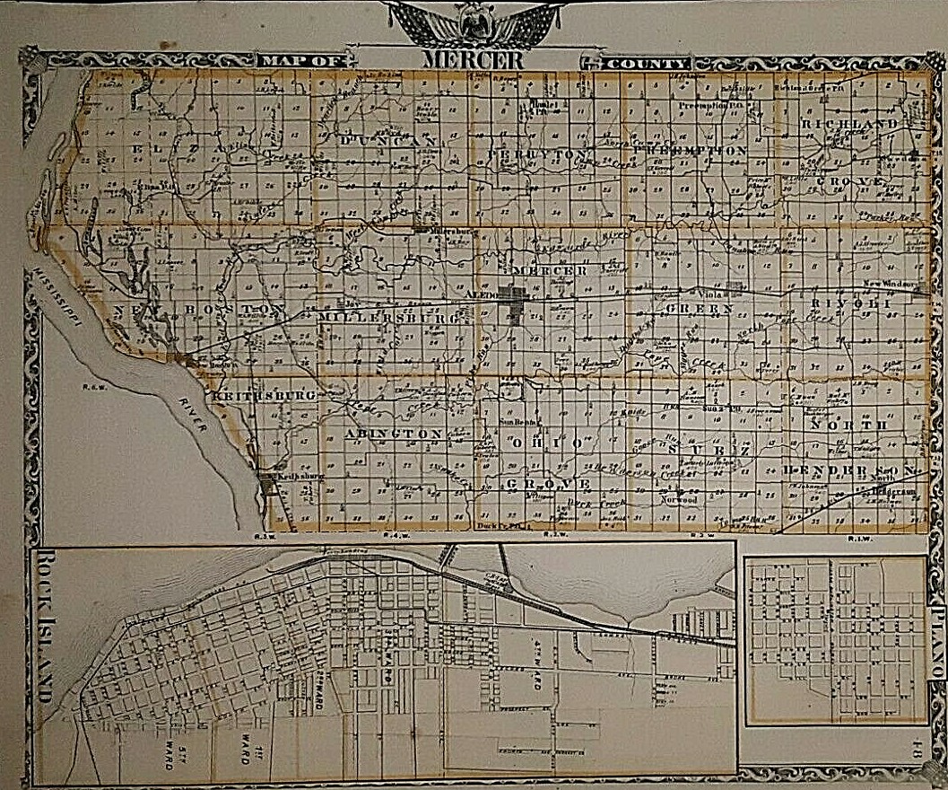 1876 Railroad & County Map STARK – HENDERSON Co, ILLINOIS ~ MERCER Co on Reverse