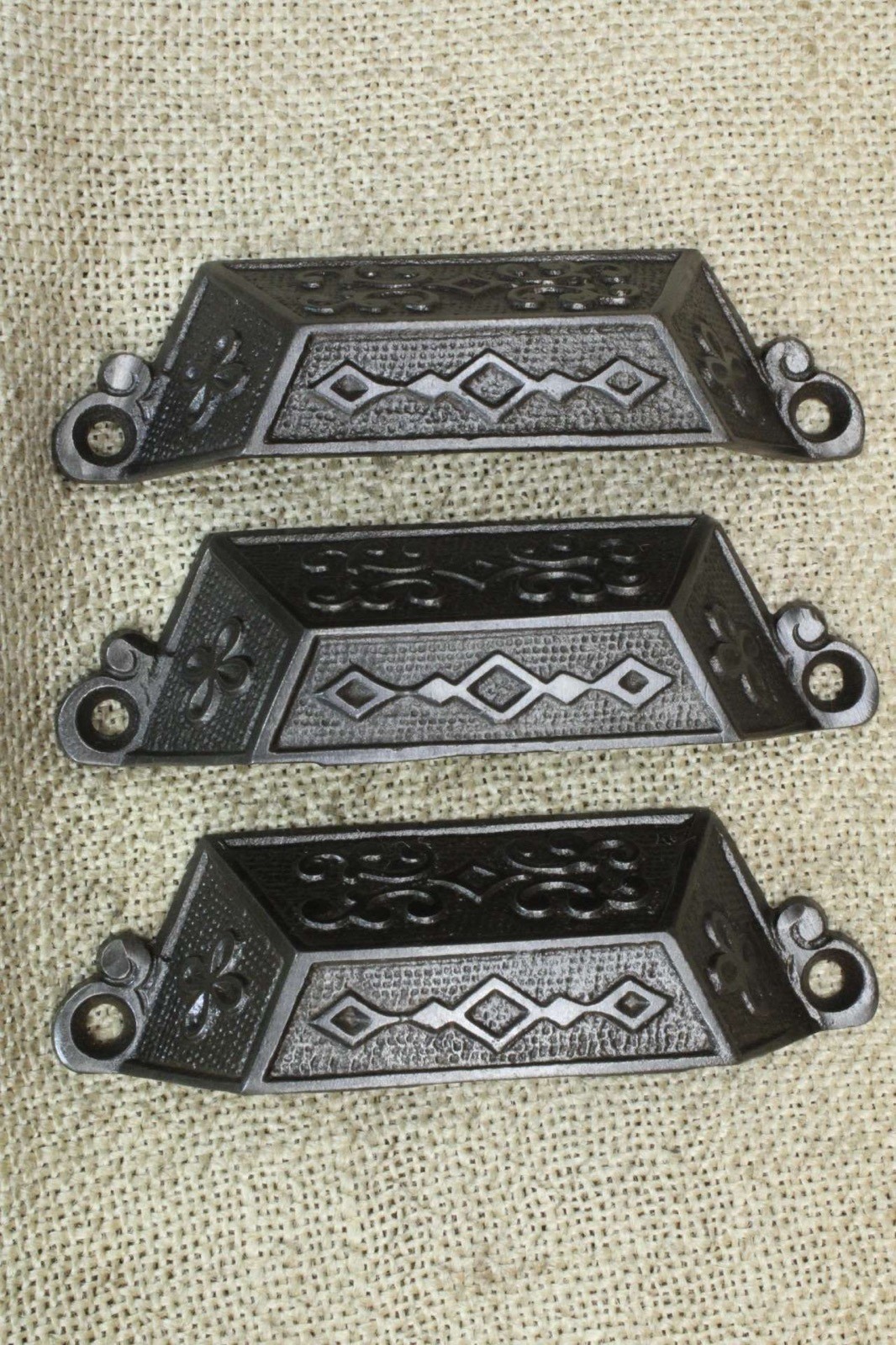 6 Old Bin Drawer Pulls Cup 4 1/2″ Handles Diamond Scroll Vines 1871 Patent Iron