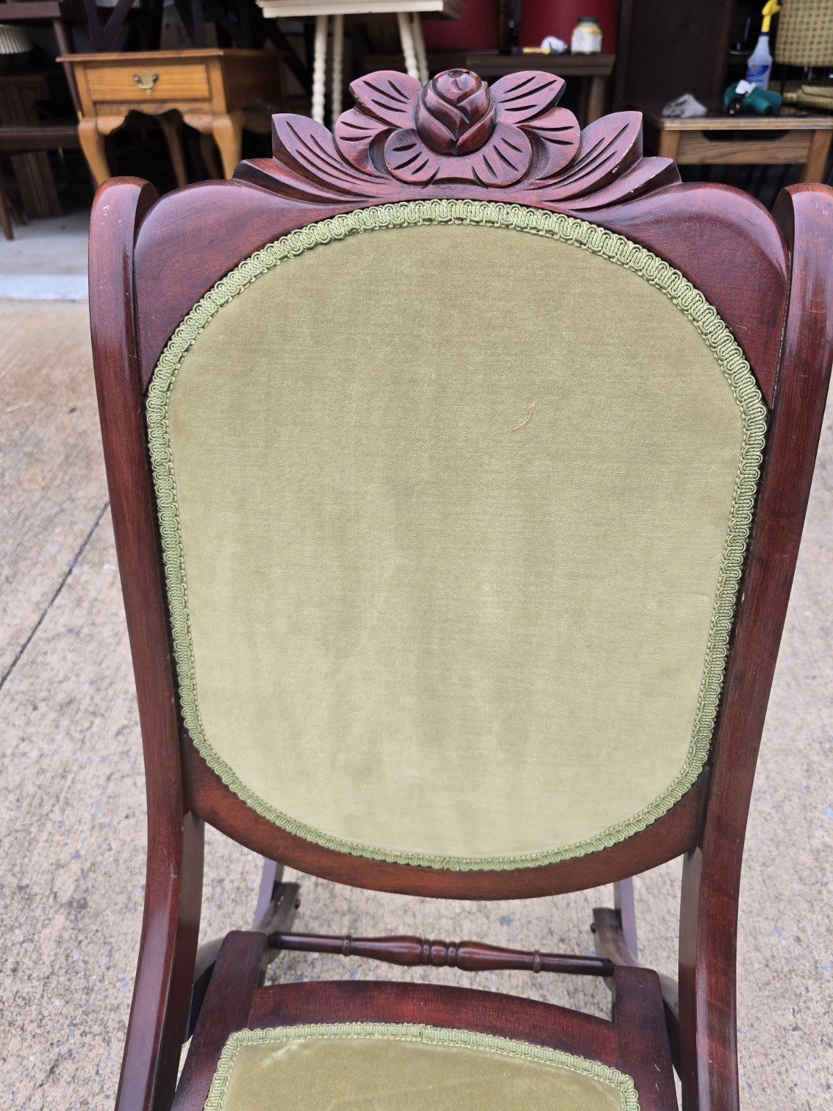 Antique Victorian Nursing Rocking Folding Chair Mahogany & Green Velvet