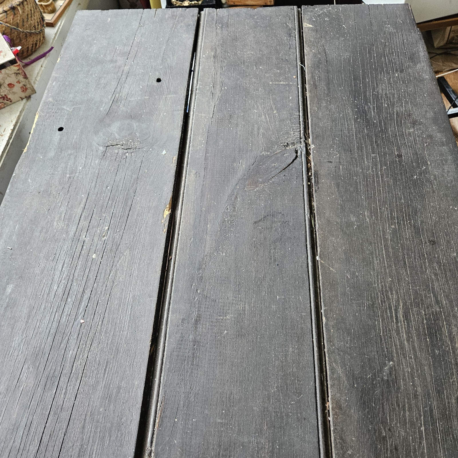 Antique Primitive Farm Dining Table Wooden Weathered Door Barn Wood Blue Legs