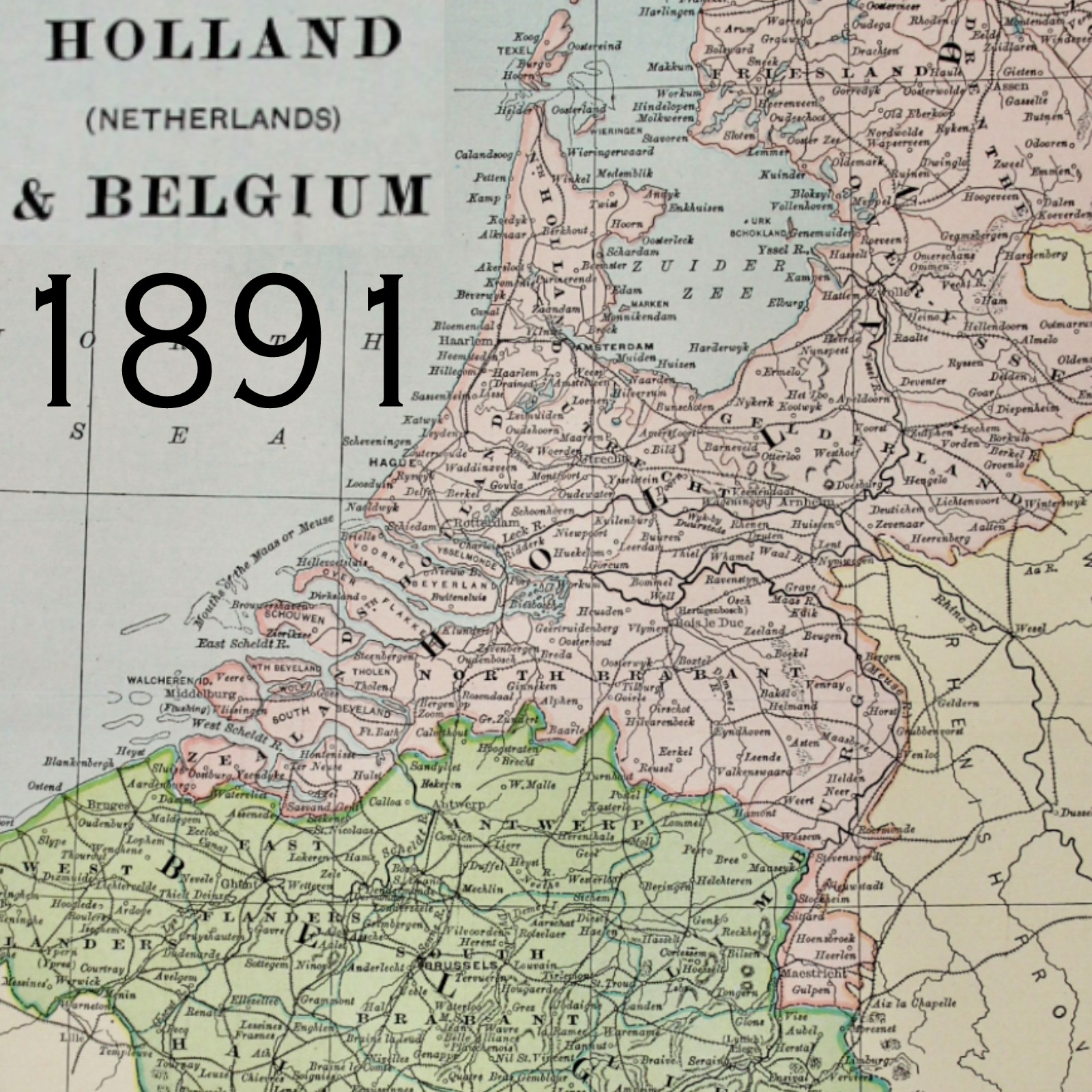 1891 NETHERLANDS HOLLAND BELGIUM NORTH SEA MAP ANTIQUE COLOR VICTORIAN ERA