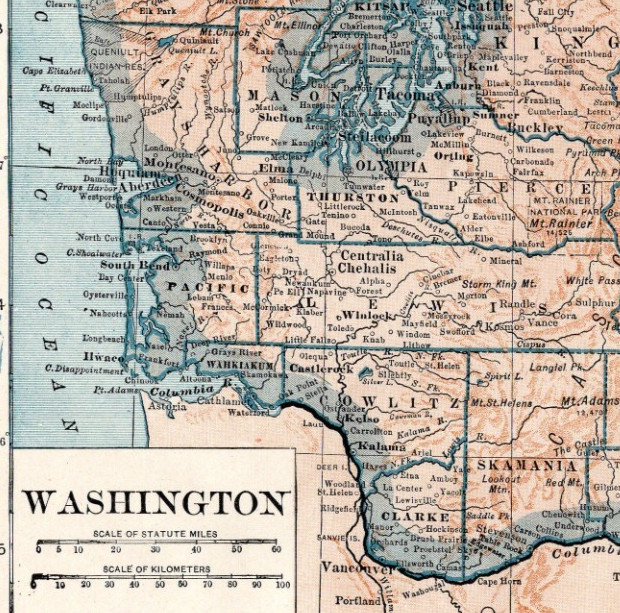 Washington Antique Map 1921 Seattle Tacoma Spokane Railroads Atlas Map