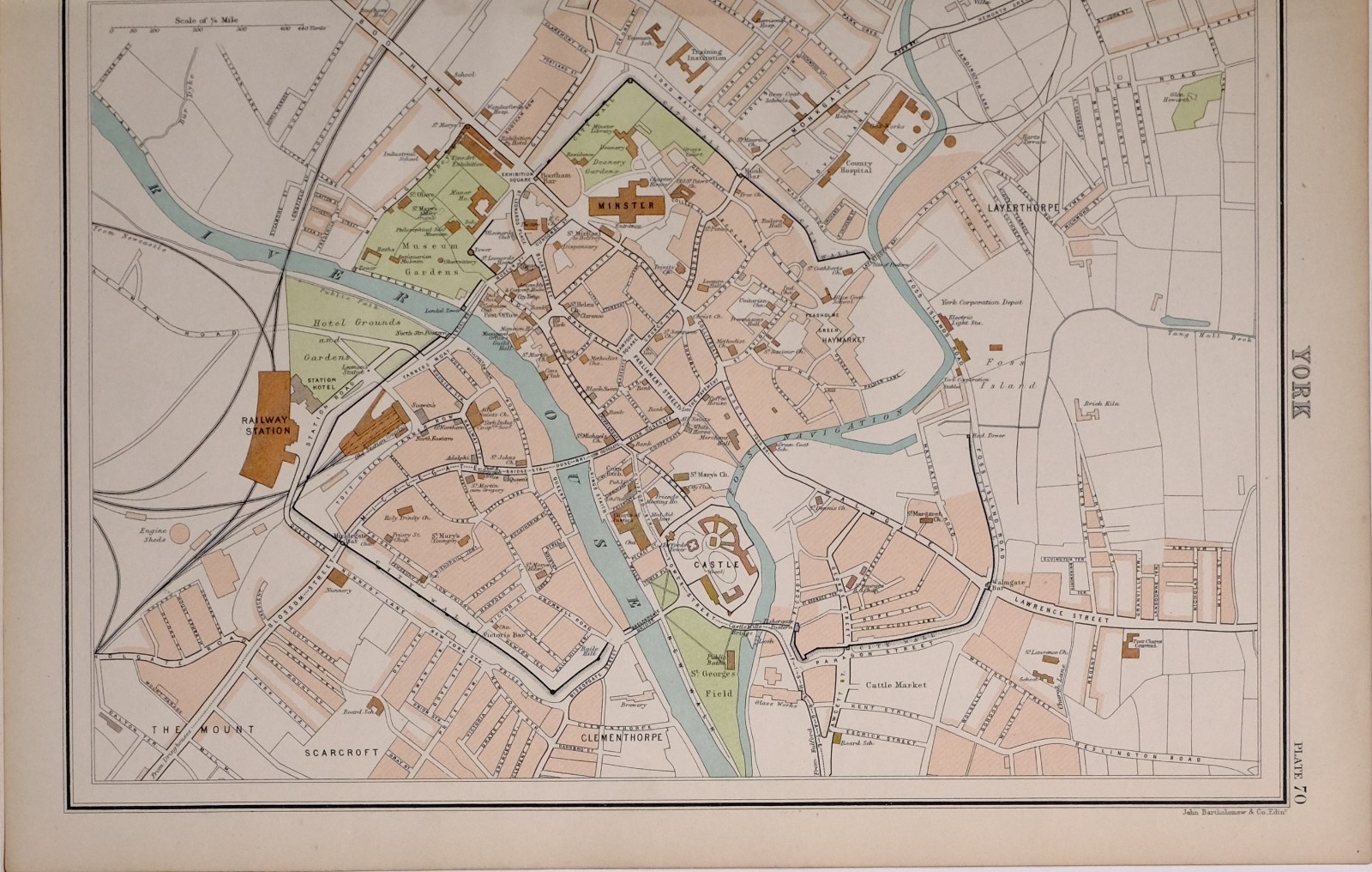 1897 VICTORIAN ANTIQUE MAP YORK PLAN CASTLE MINSTER RAILWAY STATION GAS WORKS