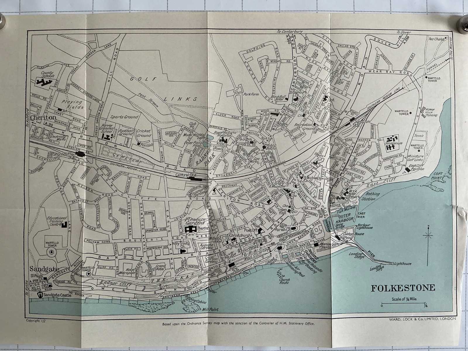FOLKESTONE- KENT c1938 Antique Street Map Plan Original England Pleasure Gardens