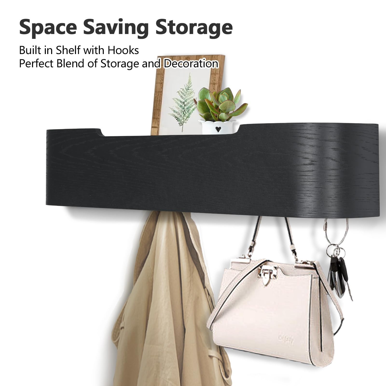 Coat Rack Wall Mount with Shelf 5 Hidden Hooks Modern Wooden Key Holder Entry…