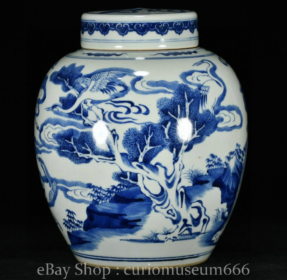 9.6″ Kangxi Marked Blue White Porcelain Pine Tree Crane Pattern Pot Jar Crock