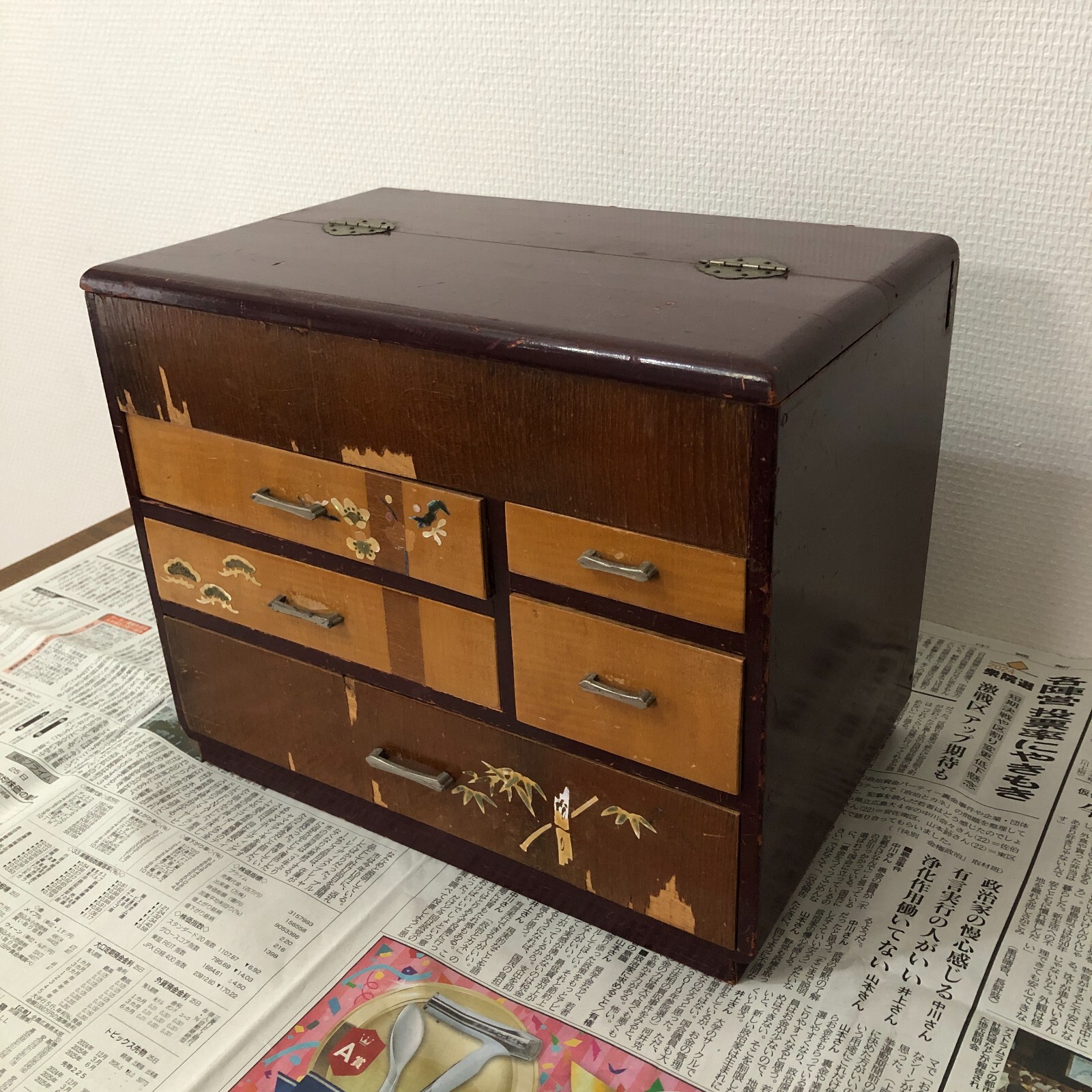Japanese Vintage Showa Retro Wooden Haribako Sewing box Chest W11.8×H10.4inch FS